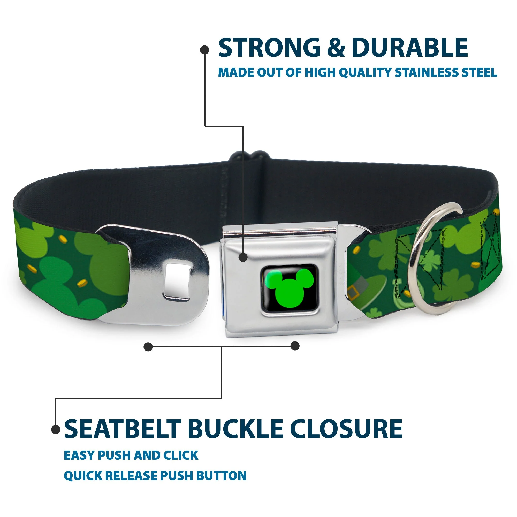 Mickey Silhouette Full Color Black Green Seatbelt Buckle Collar - St. Patricks Day Mickey Collage Greens - Image 4