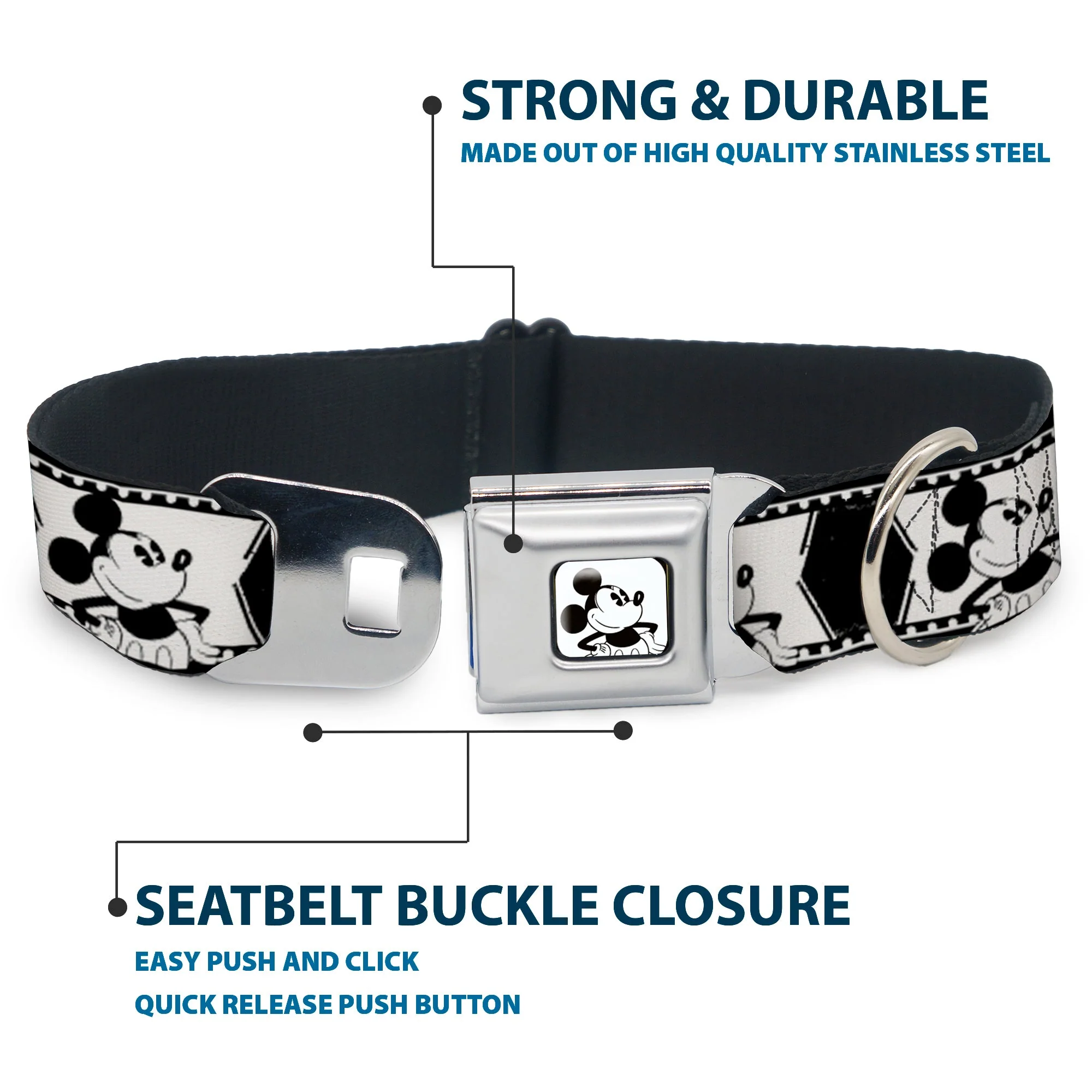 Mickey Standing Full Color White/Black Seatbelt Buckle Collar - Mickey Standing Pose Film Strip White/Black - Image 4