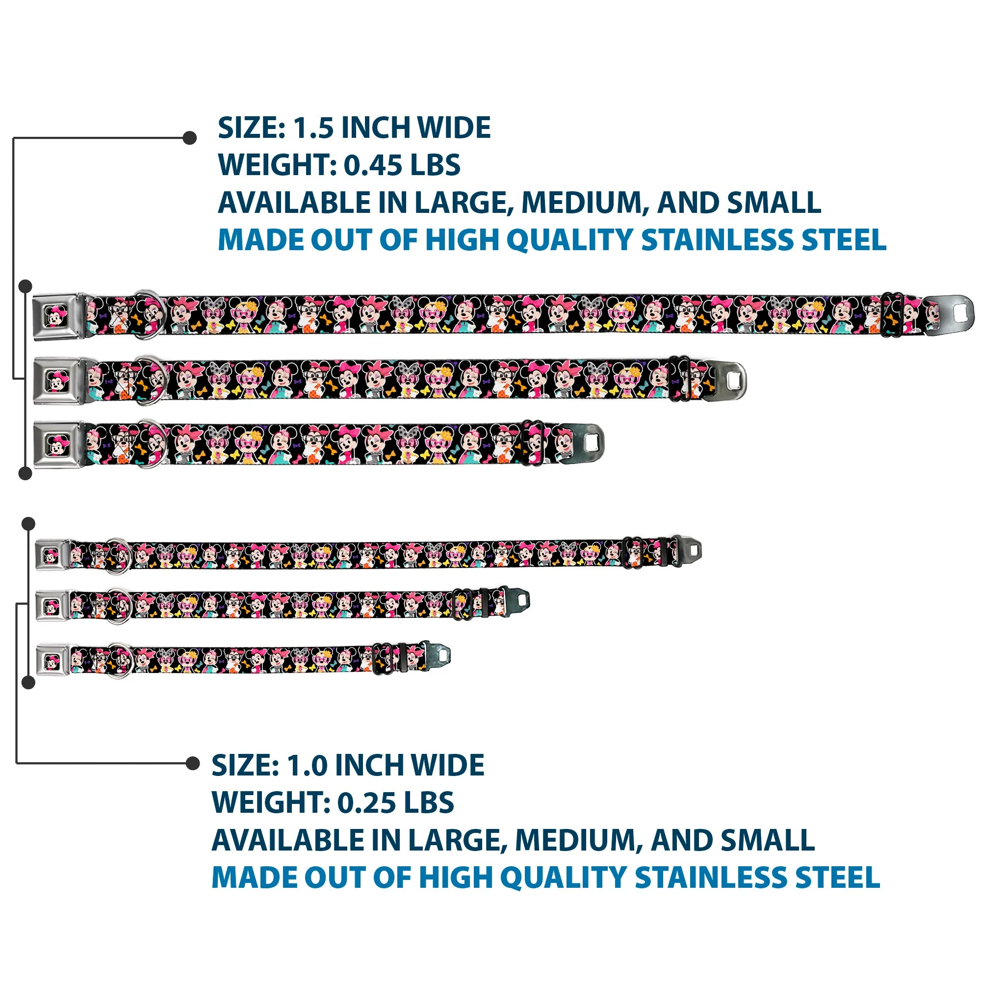 Mini Minnie Mouse Face CLOSE-UP Full Color Black Seatbelt Buckle Collar - Mini Minnie Expressions/Bows Black/Multi Color - Image 3