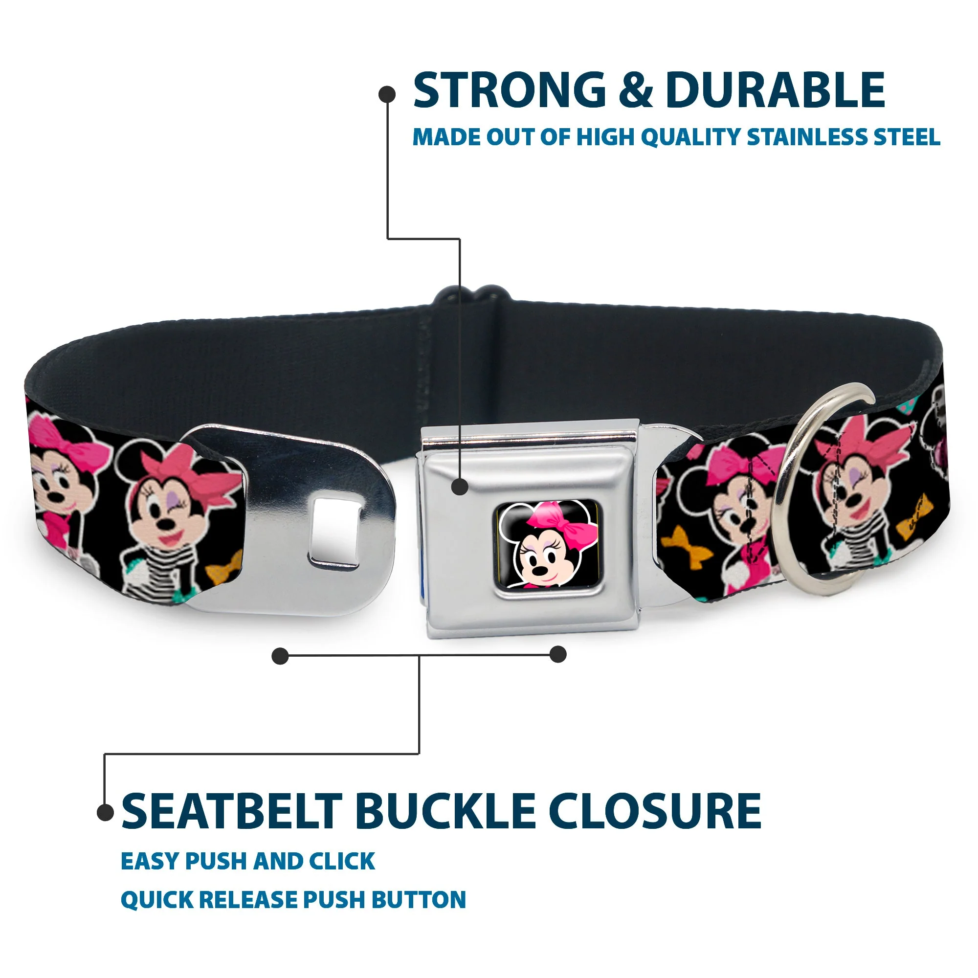 Mini Minnie Mouse Face CLOSE-UP Full Color Black Seatbelt Buckle Collar - Mini Minnie Expressions/Bows Black/Multi Color - Image 4