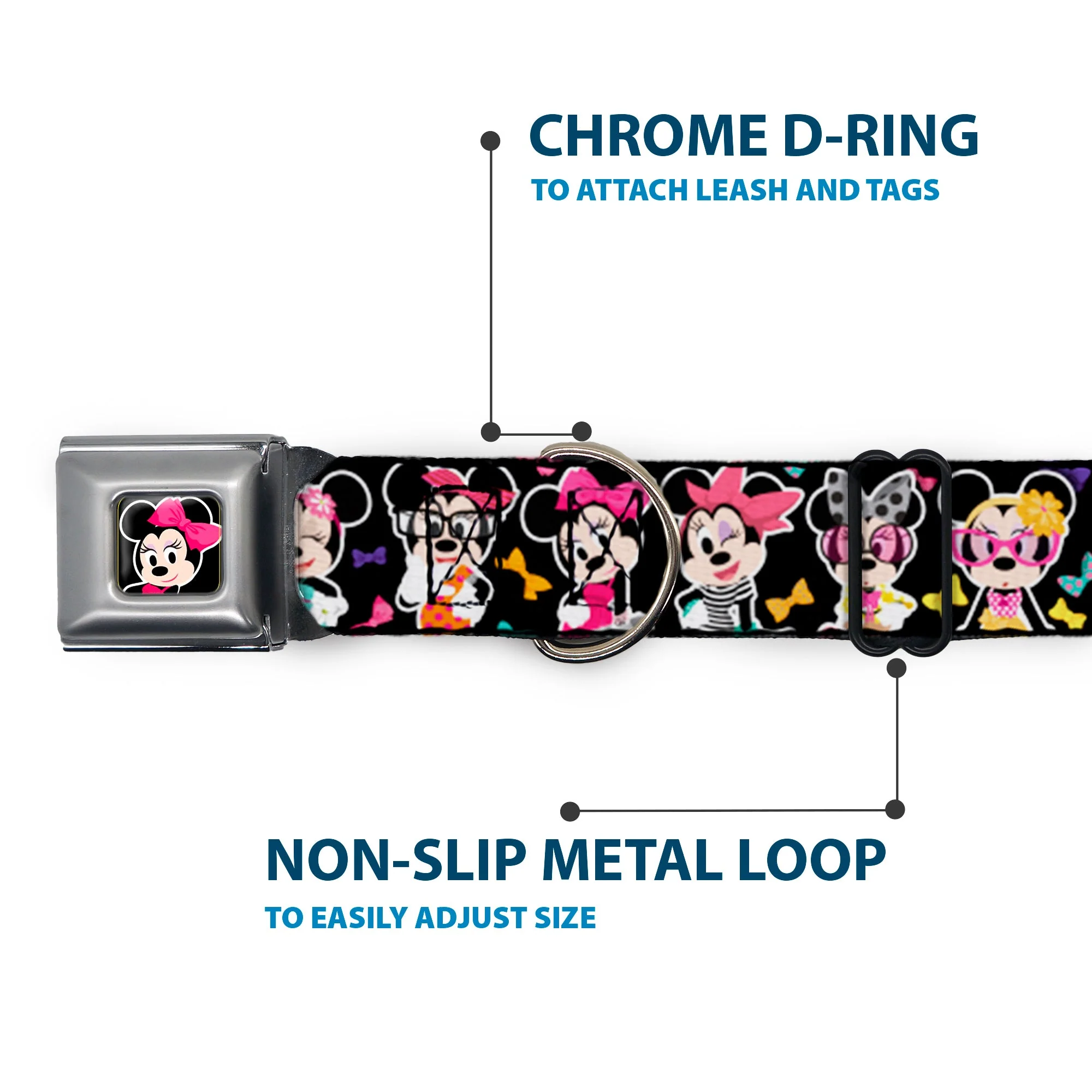 Mini Minnie Mouse Face CLOSE-UP Full Color Black Seatbelt Buckle Collar - Mini Minnie Expressions/Bows Black/Multi Color - Image 5
