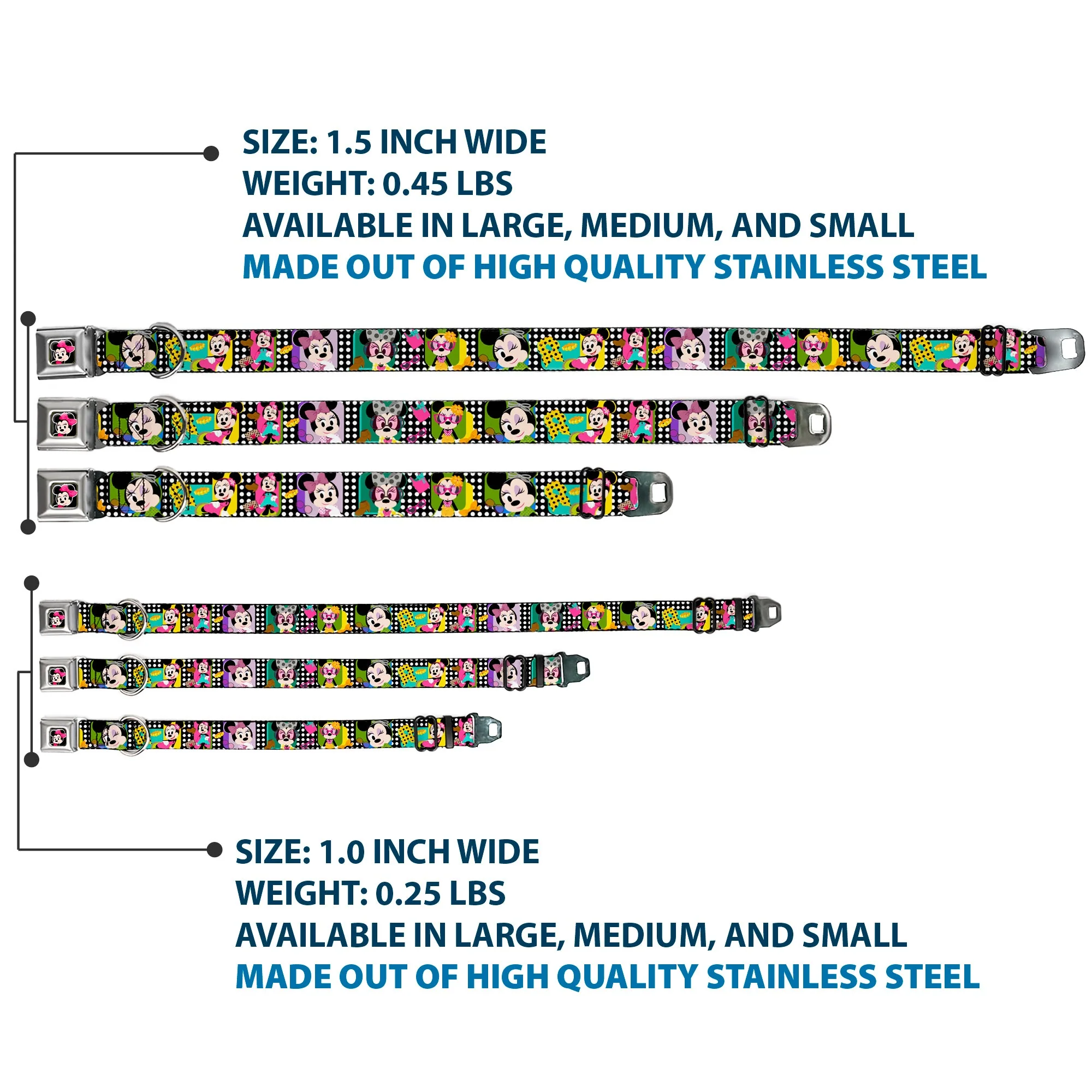 Mini Minnie Mouse Face CLOSE-UP Full Color Black Seatbelt Buckle Collar - Mini Minnie Fashion Poses/Polka Dot Black/White/Multi Color - Image 3