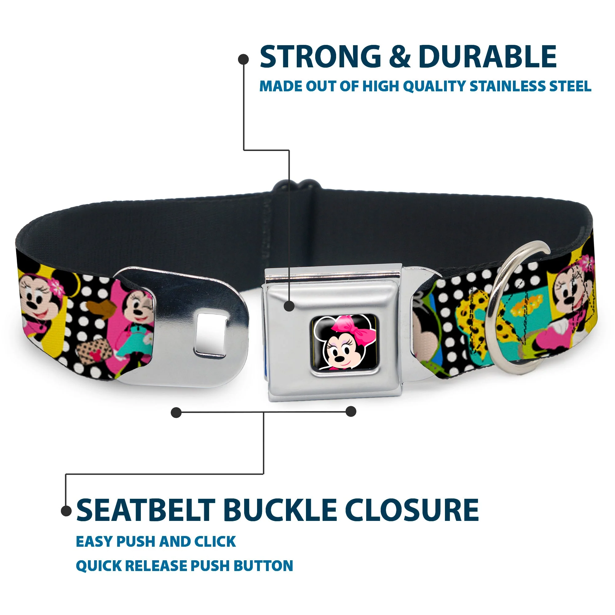 Mini Minnie Mouse Face CLOSE-UP Full Color Black Seatbelt Buckle Collar - Mini Minnie Fashion Poses/Polka Dot Black/White/Multi Color - Image 4