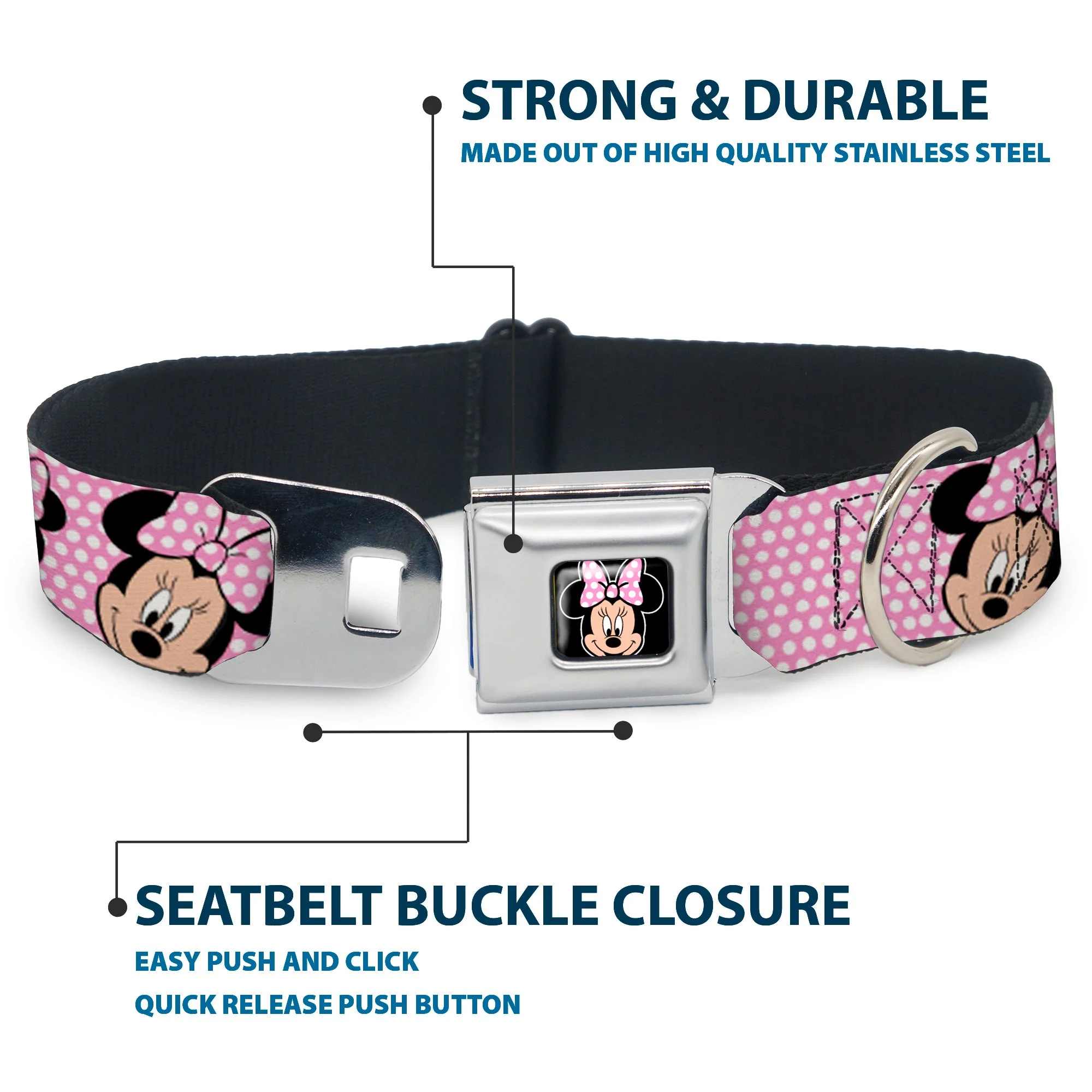 Minnie Mouse Full Color Face Pink Polka Dot Black Seatbelt Buckle Collar - Minnie Mouse Expressions Polka Dot Pink/White - Image 4