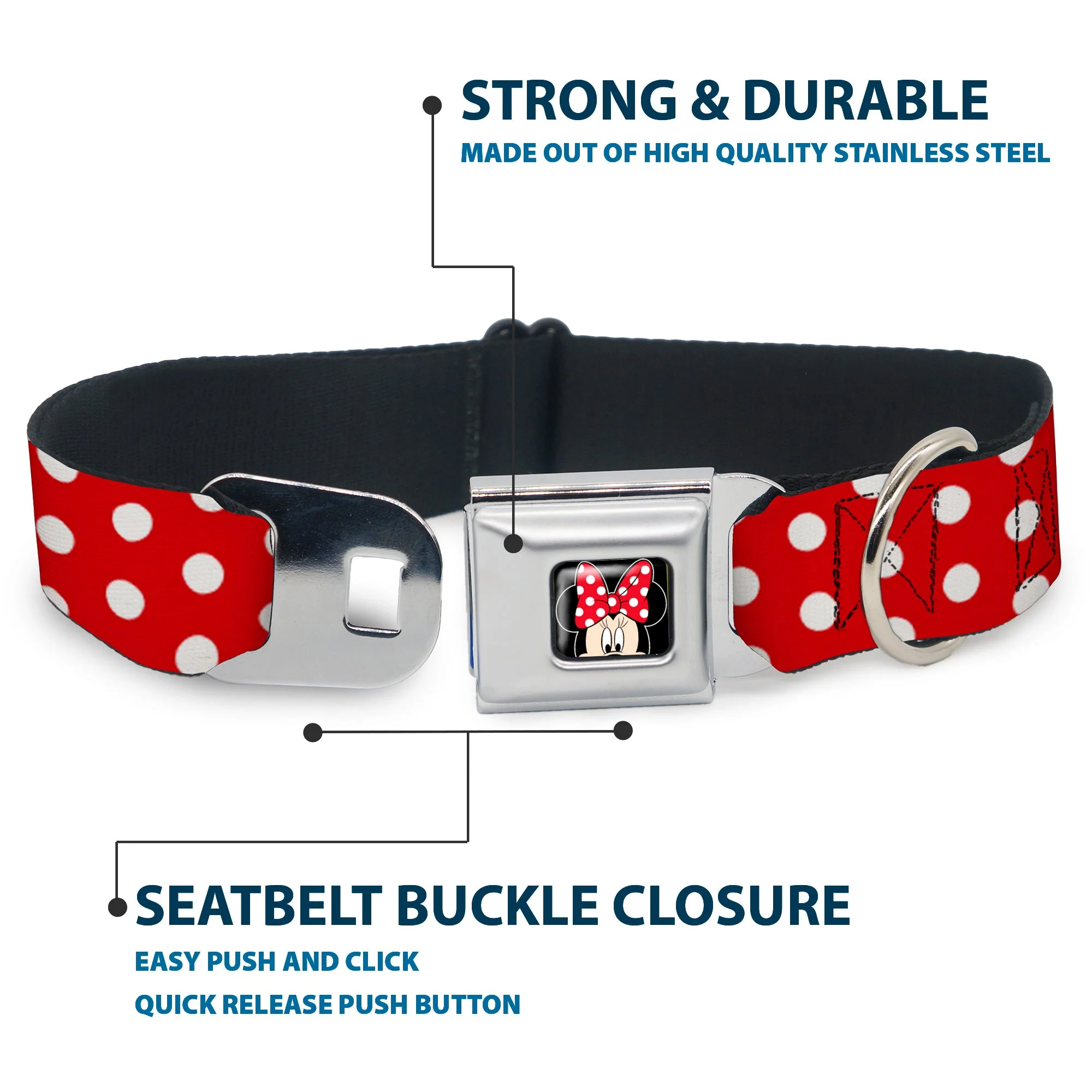 Minnie Mouse w Bow CLOSE-UP Full Color Black Red White Seatbelt Buckle Collar - Minnie Mouse Polka Dots Red/White - Image 4
