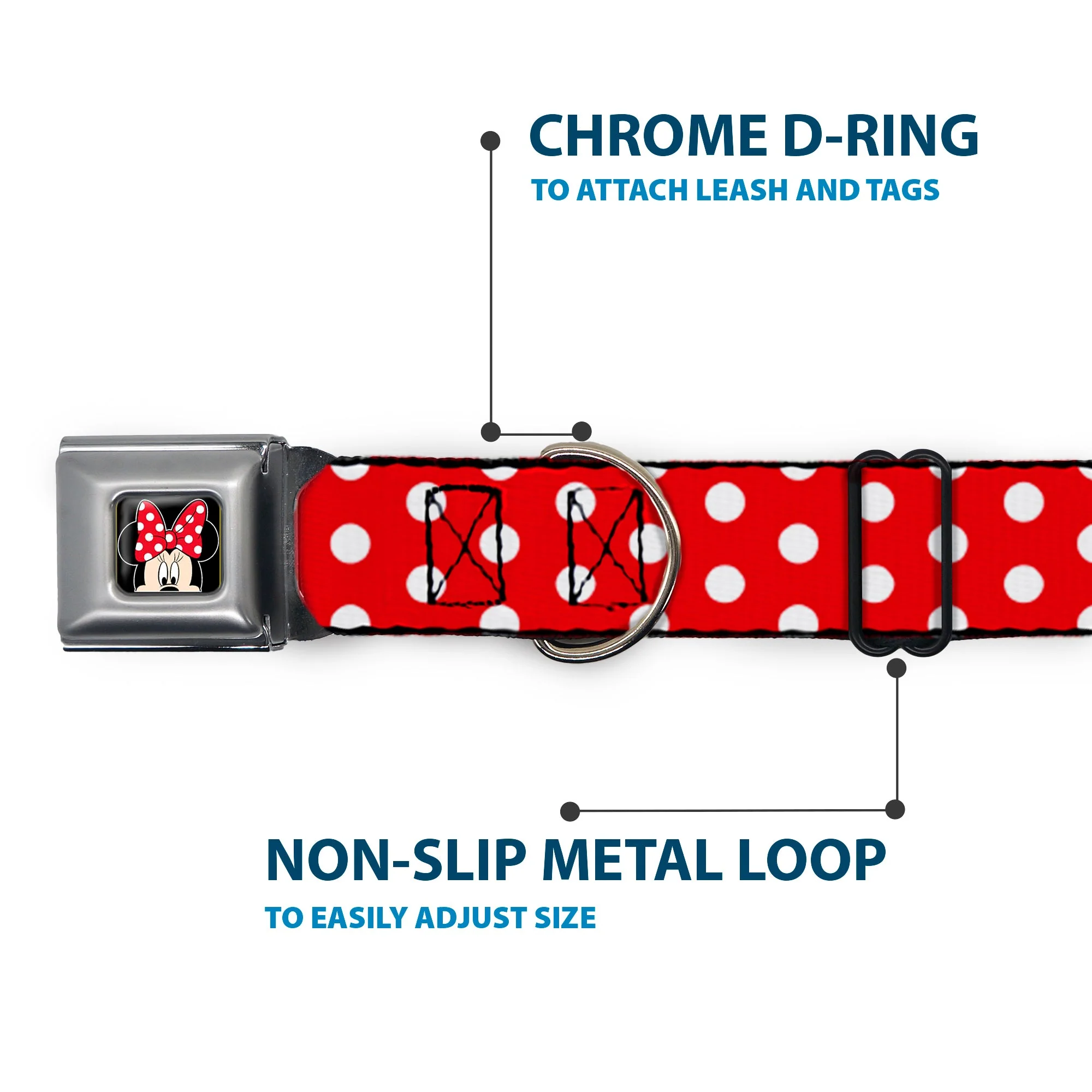 Minnie Mouse w Bow CLOSE-UP Full Color Black Red White Seatbelt Buckle Collar - Minnie Mouse Polka Dots Red/White - Image 5