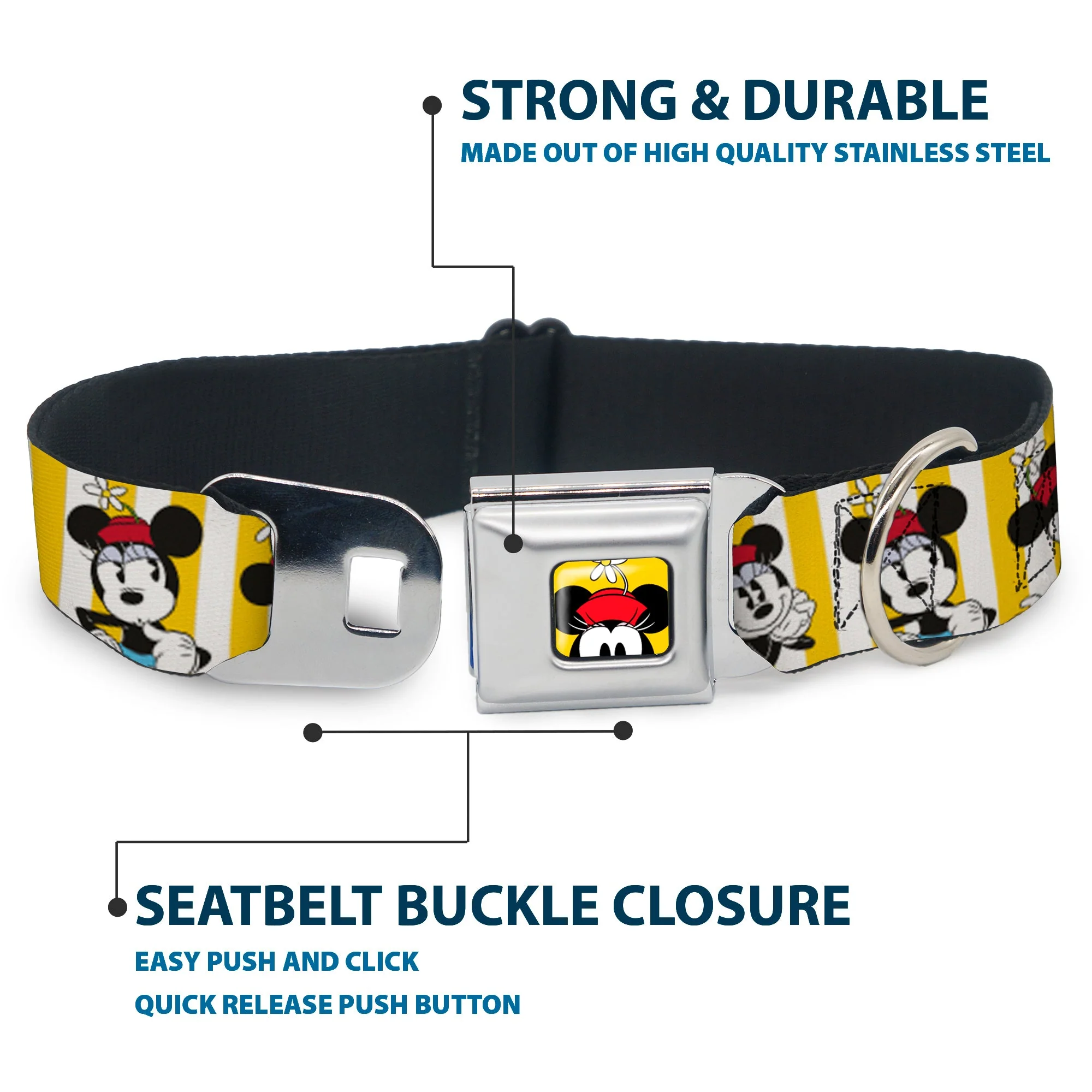 Minnie Mouse w Hat CLOSE-UP Full Color Yellow Seatbelt Buckle Collar - Minnie Mouse w/Hat Poses Stripe Yellow/White - Image 4