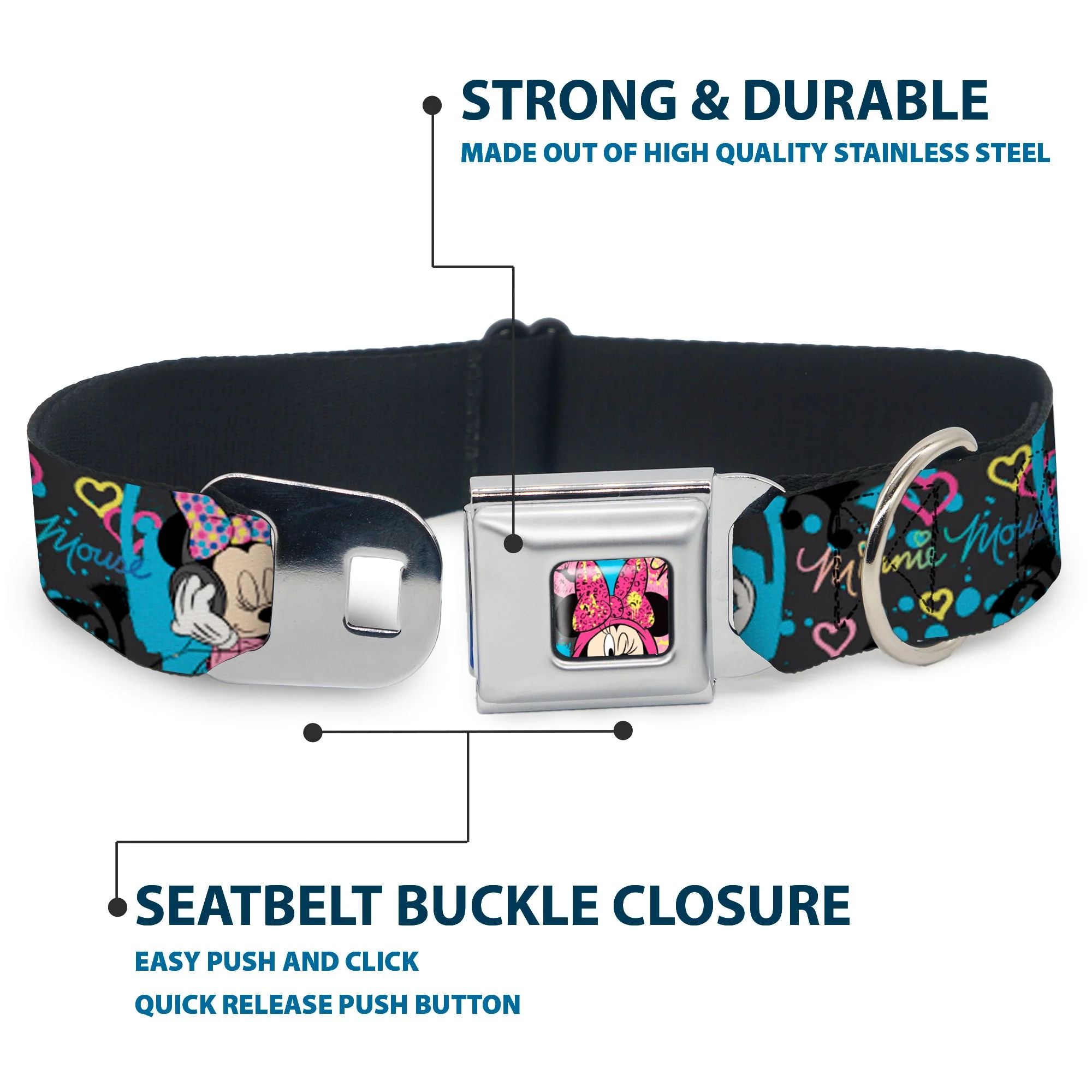 Minnie Mouse Winking CLOSE-UP Full Color Multi Color Seatbelt Buckle Collar - Minnie Mouse Hoody & Headphone Poses Gray/Multi Color - Image 4