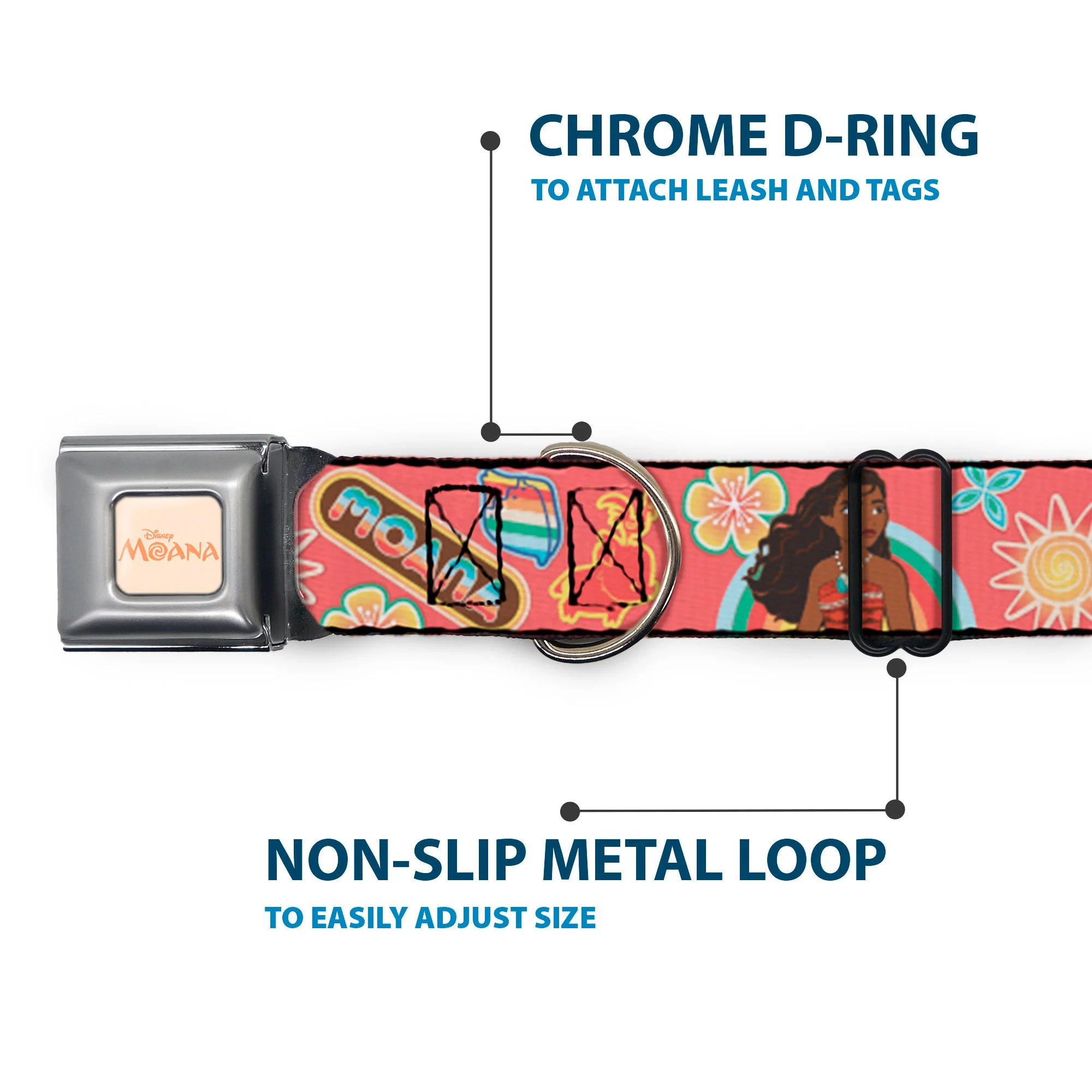 MOANA Title Logo Full Color Beige/Coral Seatbelt Buckle Collar - Moana Pose and Icons Collage Pink - Image 5
