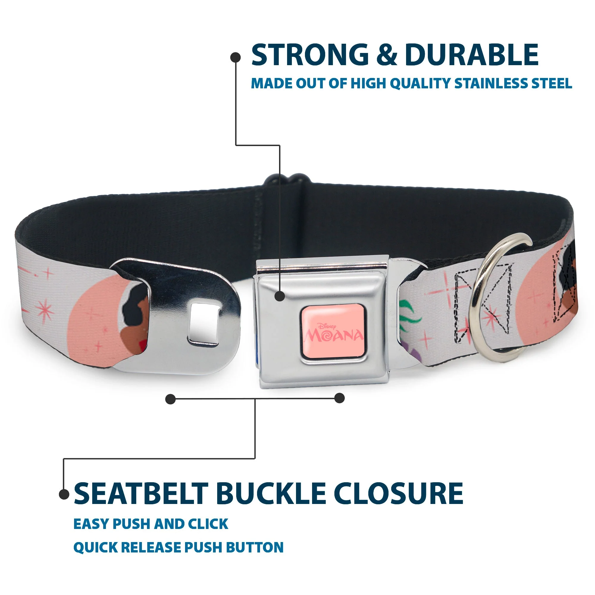 MOANA Title Logo Full Color Pinks Seatbelt Buckle Collar - Moana and Hei Hei Poses with Flowers Beige/Orange - Image 4