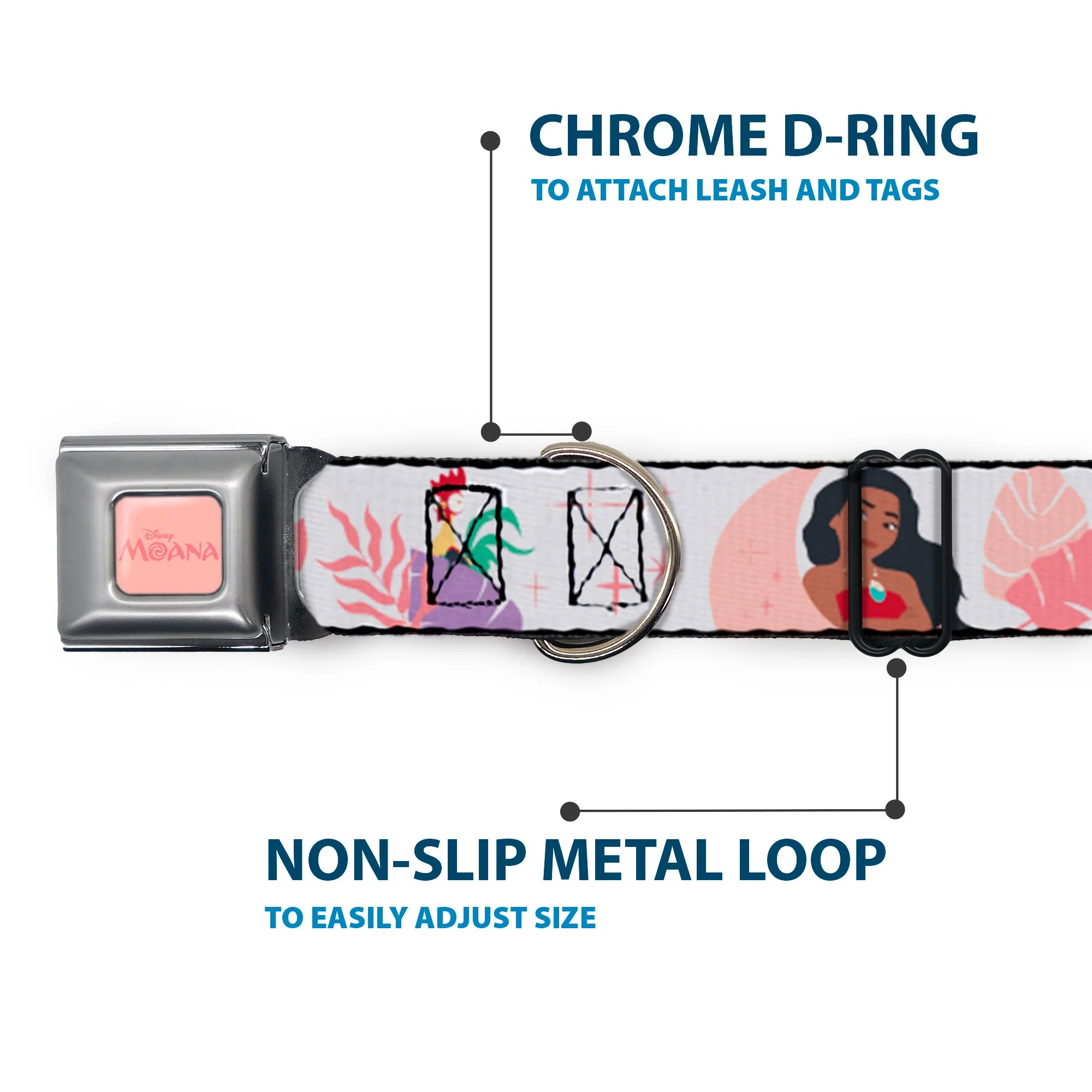 MOANA Title Logo Full Color Pinks Seatbelt Buckle Collar - Moana and Hei Hei Poses with Flowers Beige/Orange - Image 5