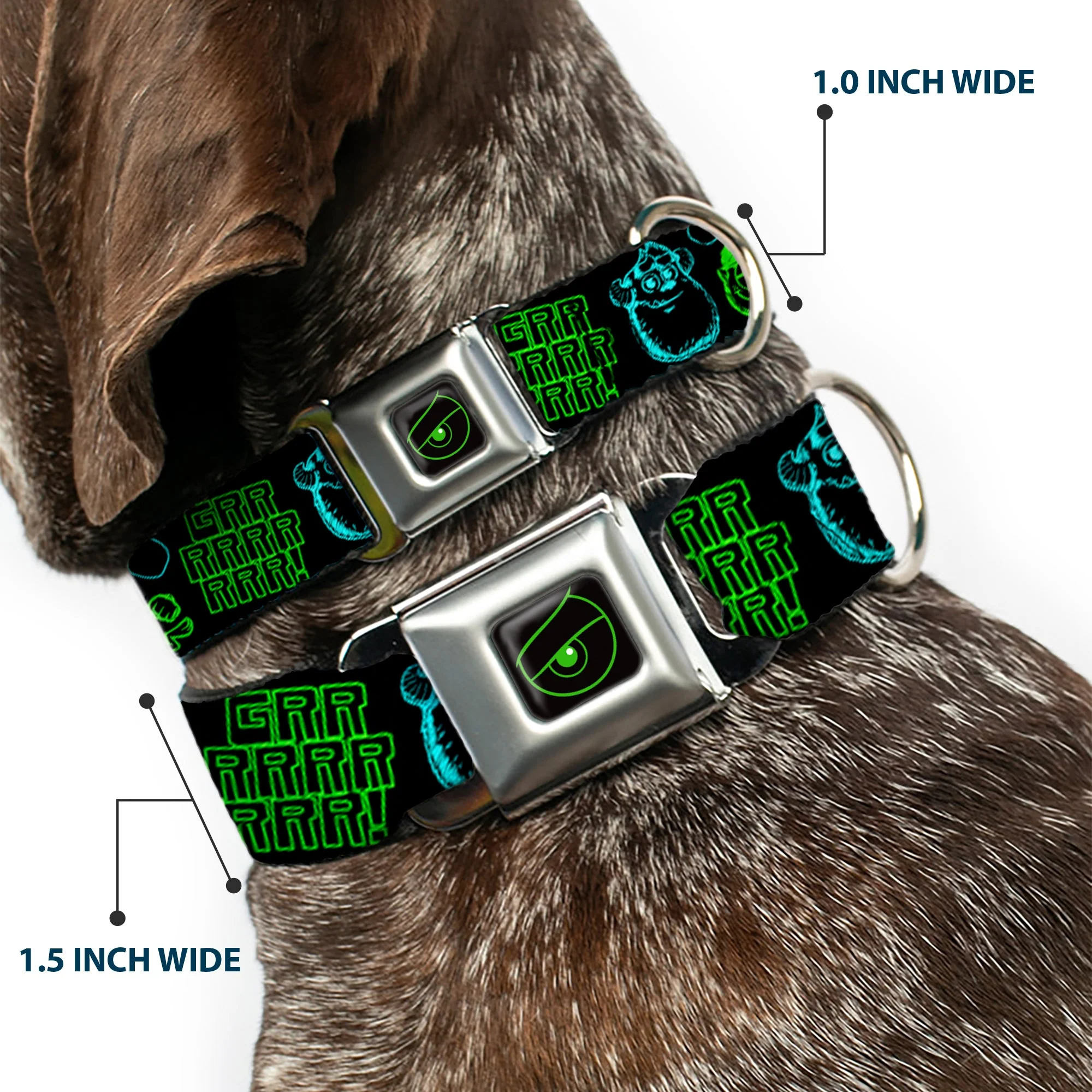 Monsters Eye Full Color Black/Neon Green Seatbelt Buckle Collar - Monsters Inc. Sully & Mike Poses/GRRRRR! Black/Turquoise/Green - Image 2