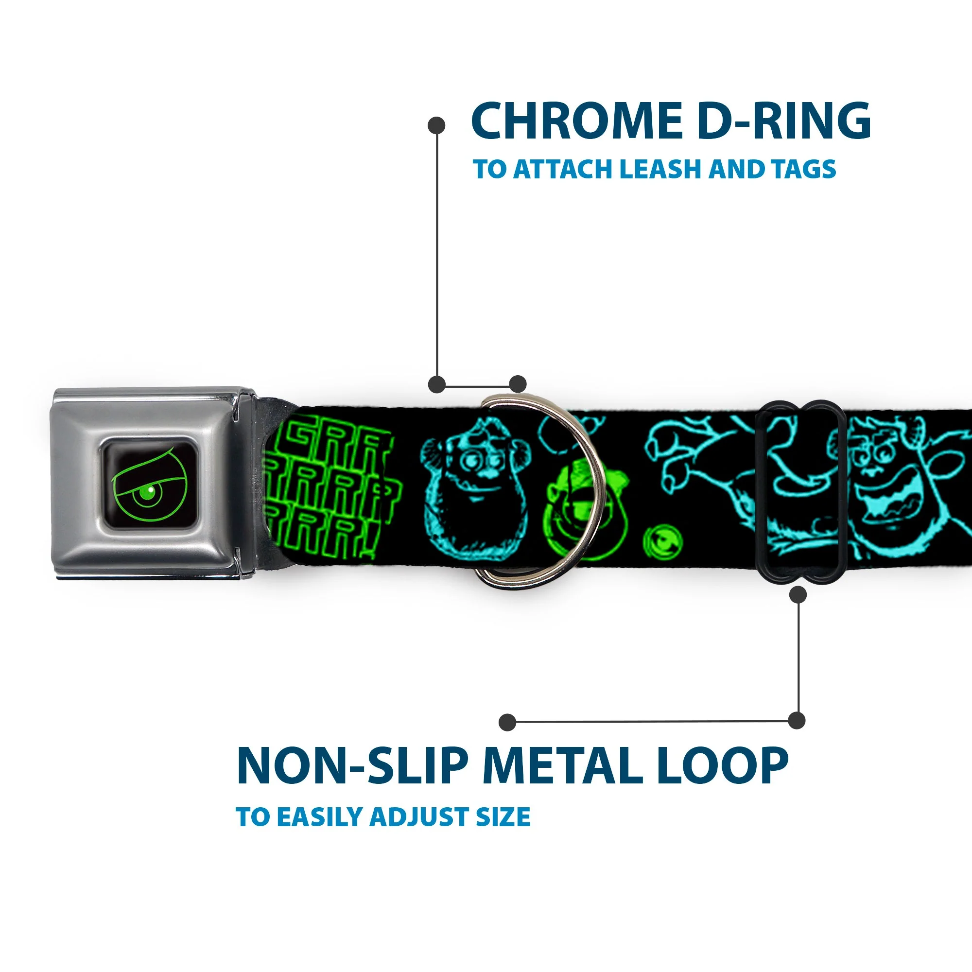 Monsters Eye Full Color Black/Neon Green Seatbelt Buckle Collar - Monsters Inc. Sully & Mike Poses/GRRRRR! Black/Turquoise/Green - Image 5