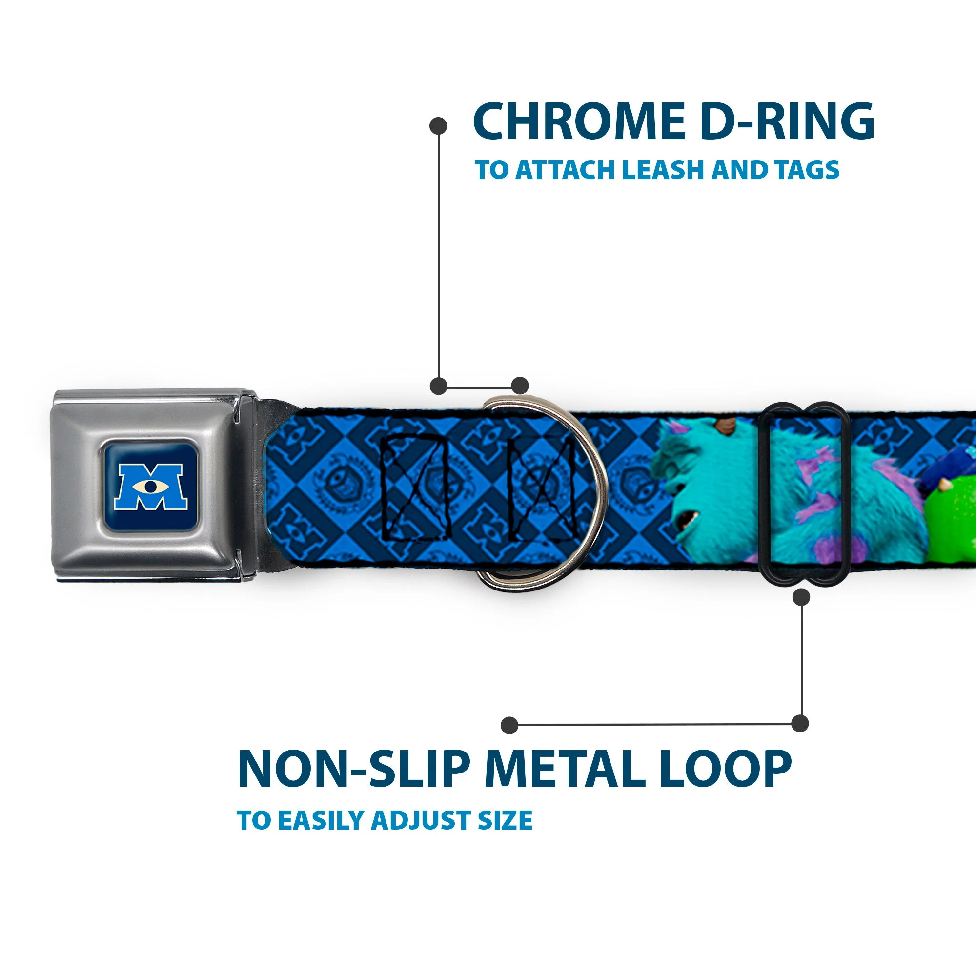 Monsters University Logo Full Color Blue White Seatbelt Buckle Collar - Monsters University Sulley & Mike Poses/Checkers Blue - Image 5