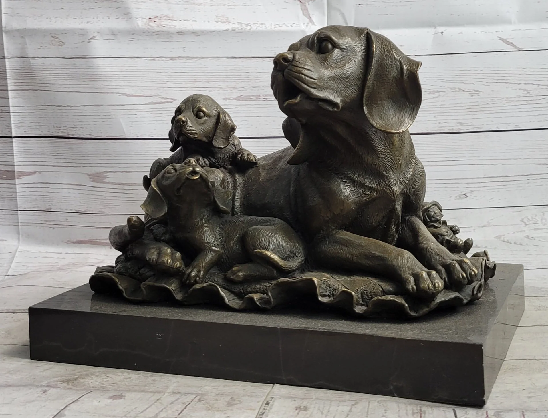 Mother Dog and 2 Puppies Bronze Sculpture Statue Pet Decor Signed Art Marble Base - Image 3