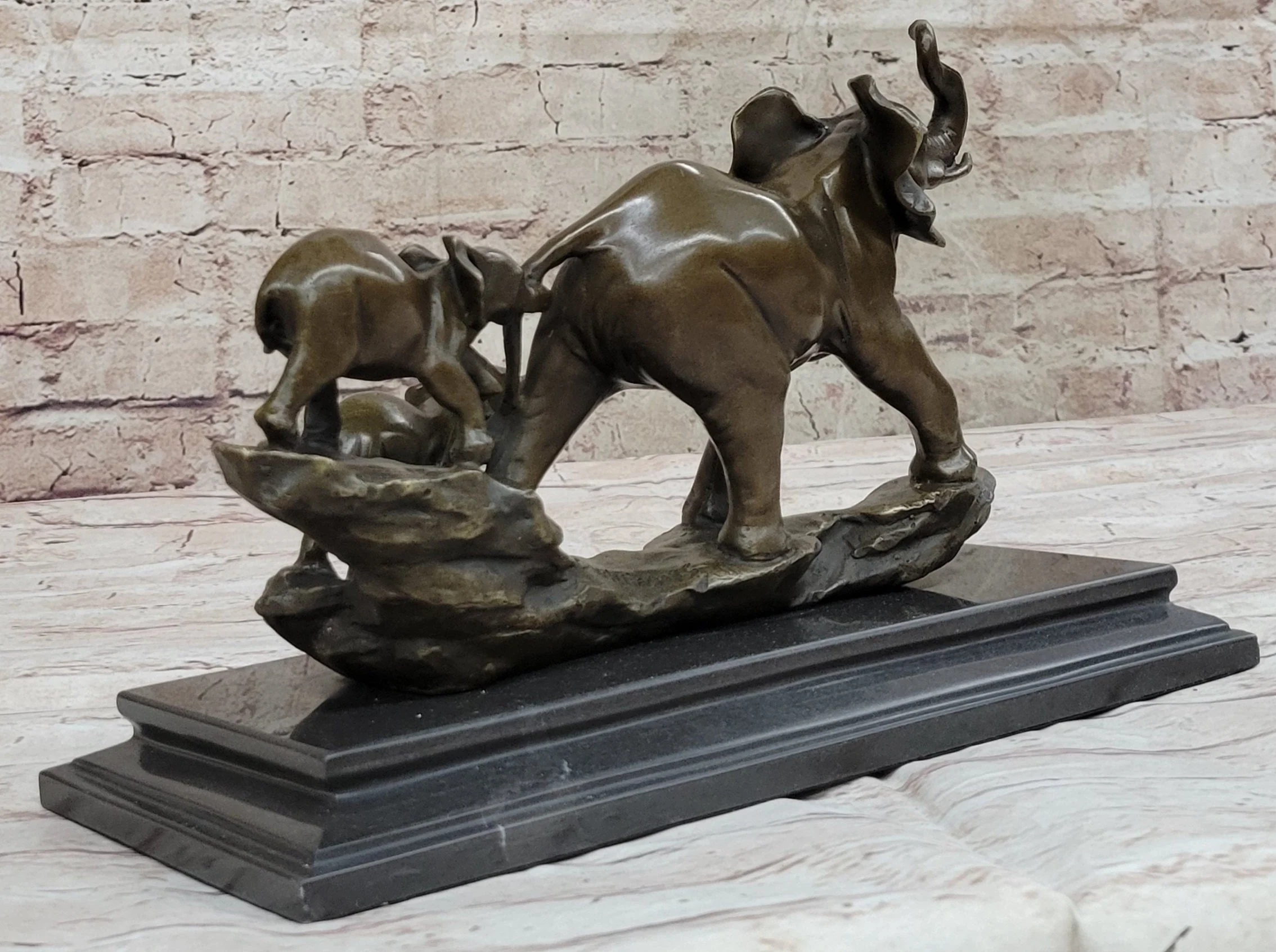 Mother Elephant and Baby Calf Bronze Statue Sculpture Original Art on Marble Base - Image 5