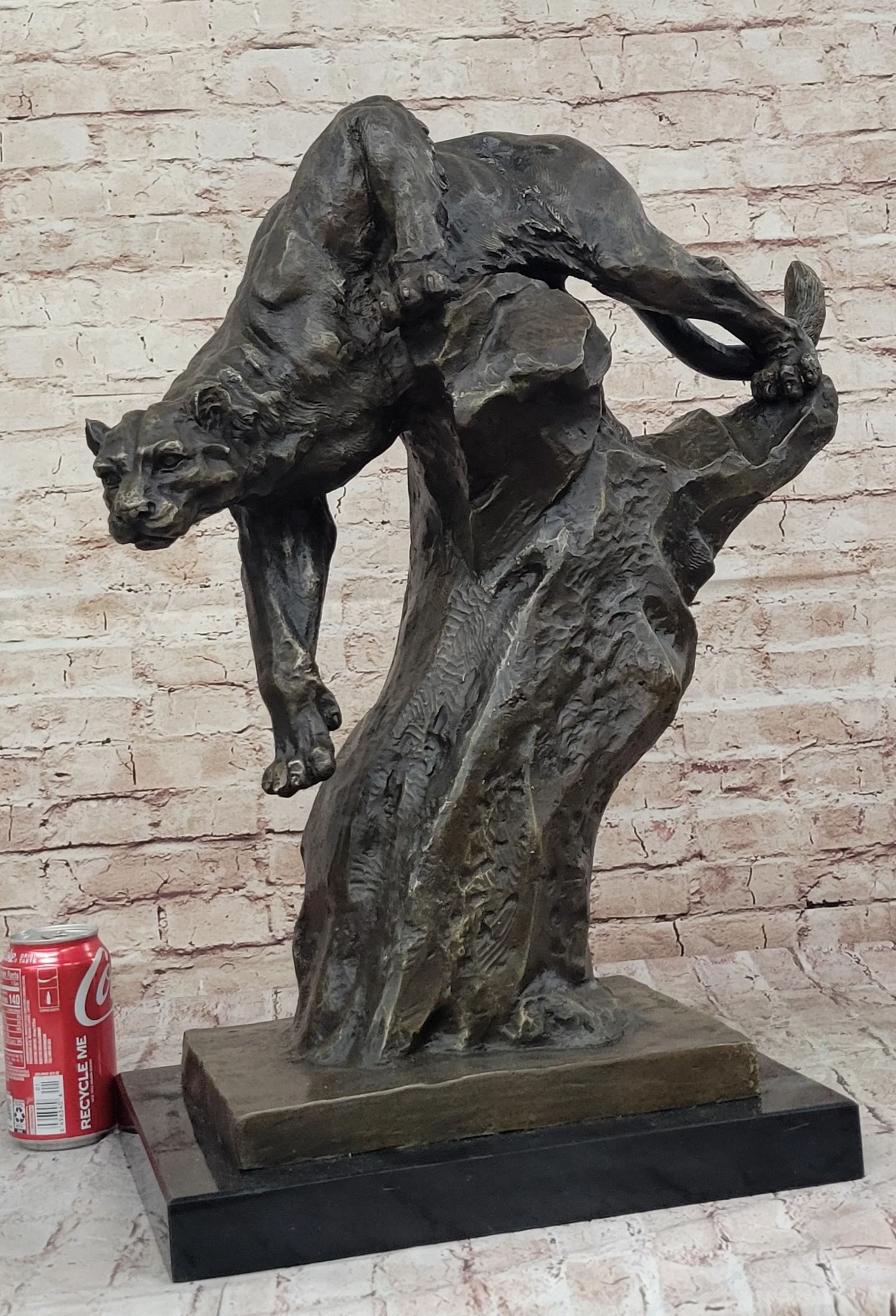 Mountain Lion Panther Puma Climbing Down Tree Bronze Metal Statue Sculpture on Marble Base - Image 2