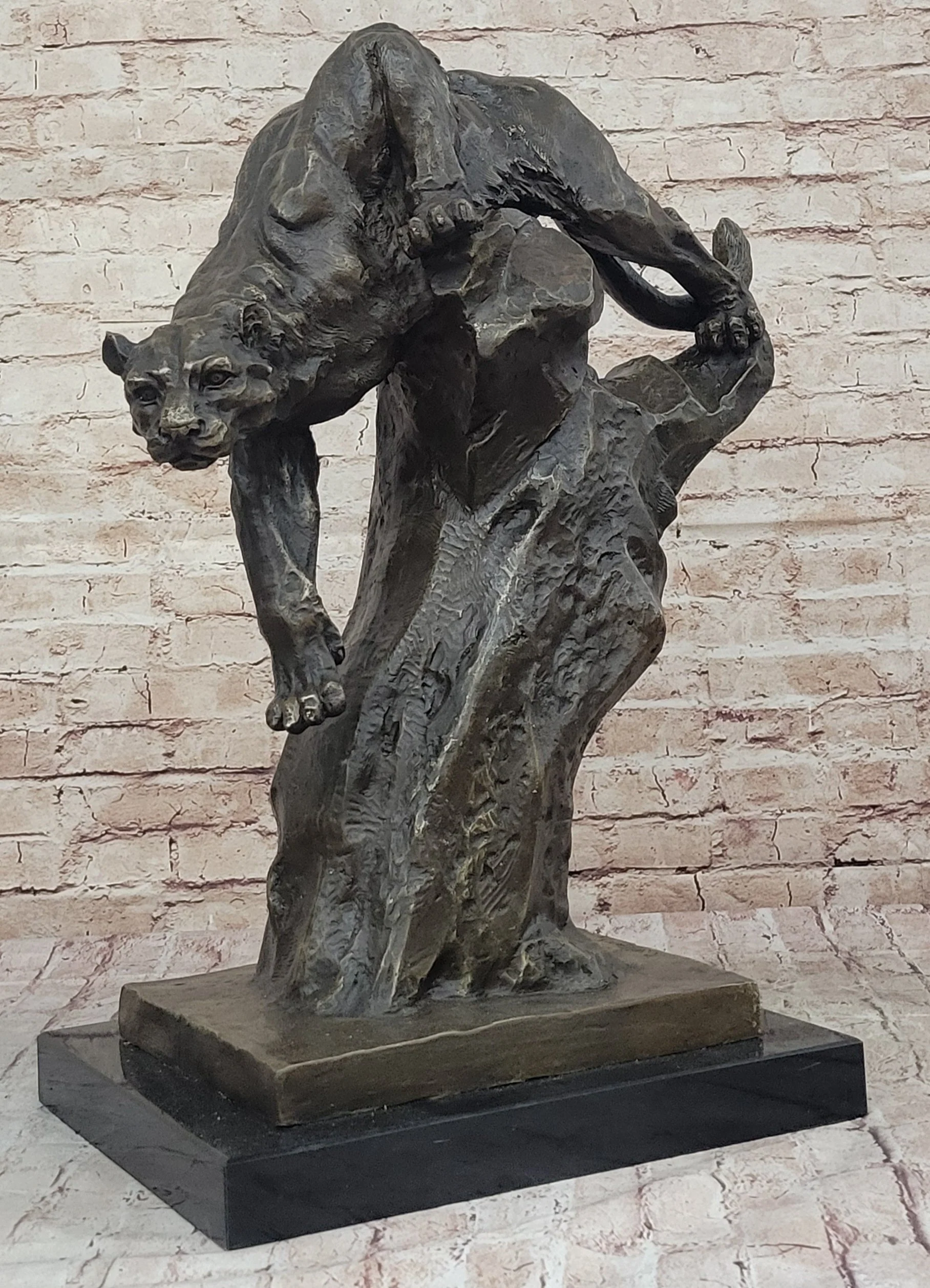 Mountain Lion Panther Puma Climbing Down Tree Bronze Metal Statue Sculpture on Marble Base - Image 3
