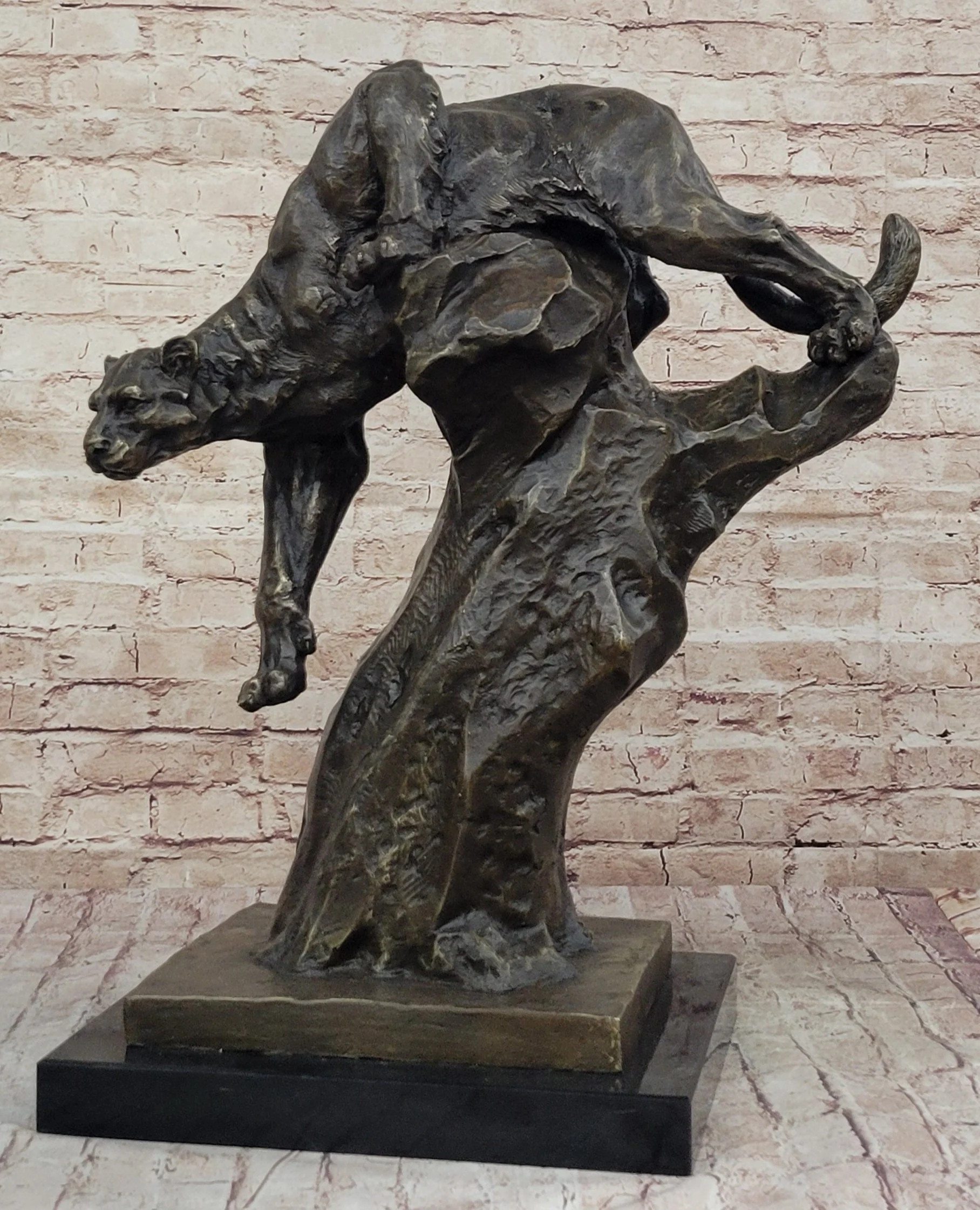 Mountain Lion Panther Puma Climbing Down Tree Bronze Metal Statue Sculpture on Marble Base - Image 4