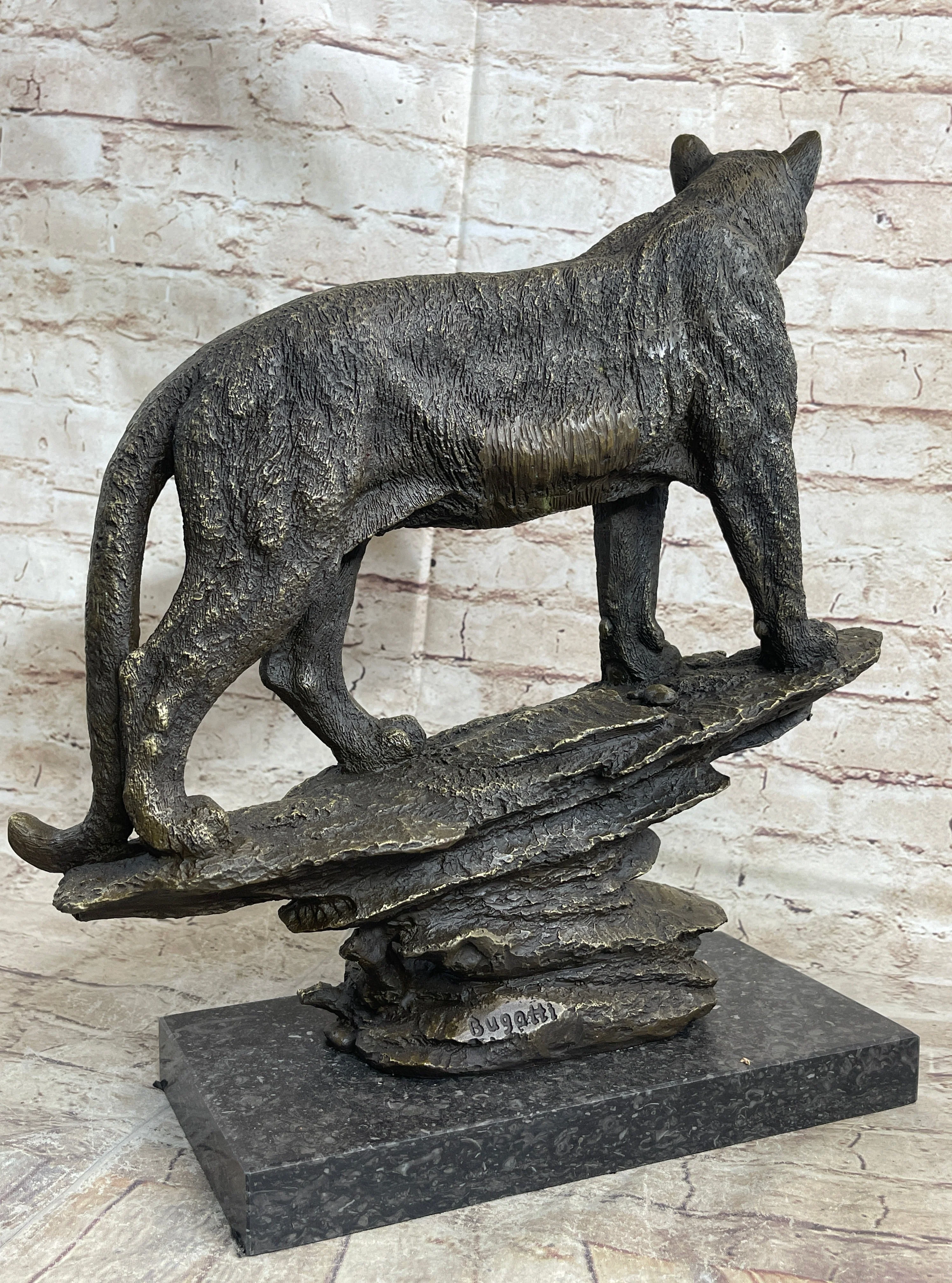 Mountain Lion Puma Panther Cougar Bronze Sculpture Statue Figure on Marble Base - Image 4