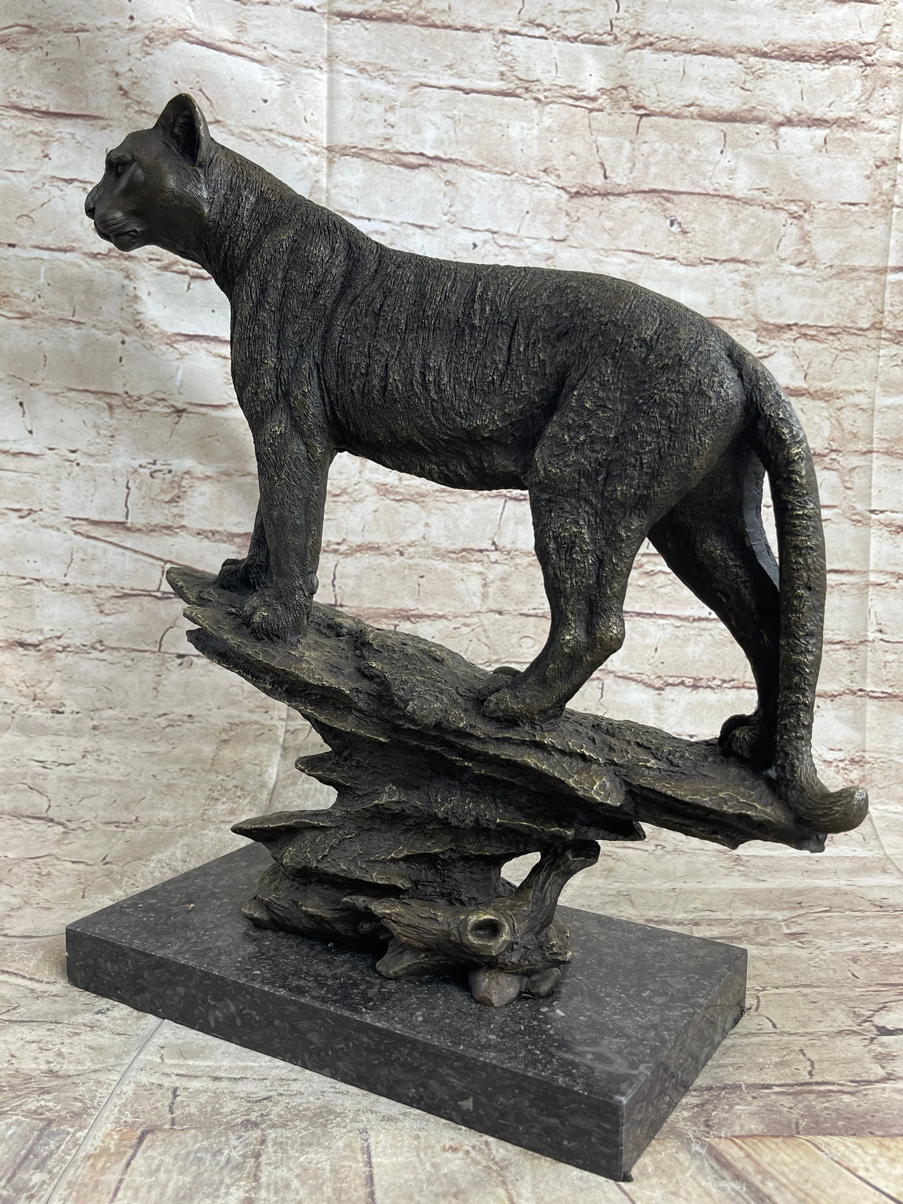 Mountain Lion Puma Panther Cougar Bronze Sculpture Statue Figure on Marble Base - Image 5