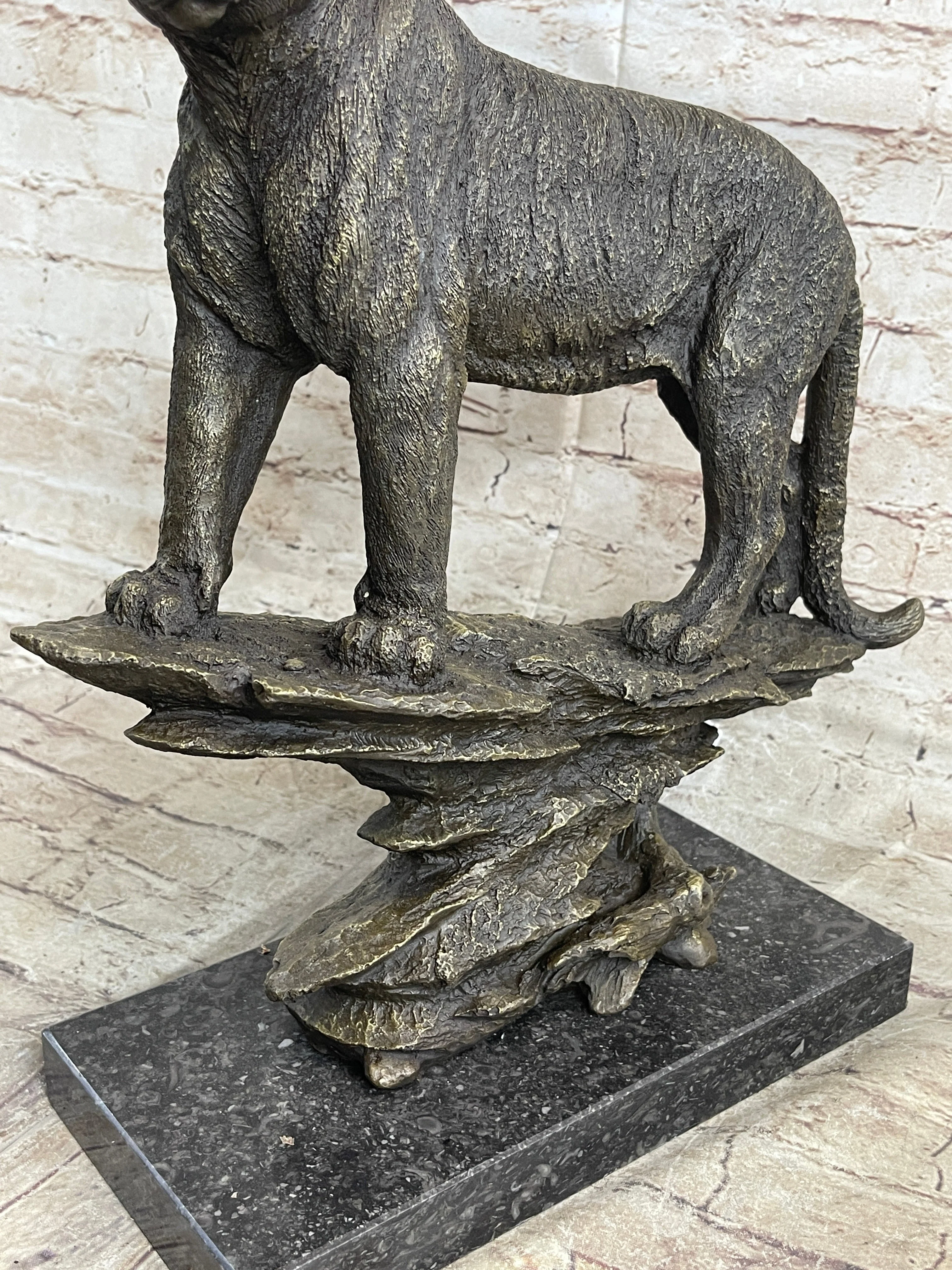 Mountain Lion Puma Panther Cougar Bronze Sculpture Statue Figure on Marble Base - Image 9