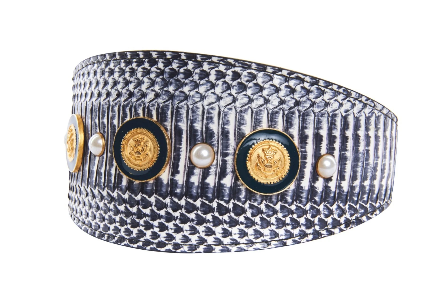 Nautical Collection. White & Navy Snake With Nautical Navy & Gold Rivets & Pearls - Image 2