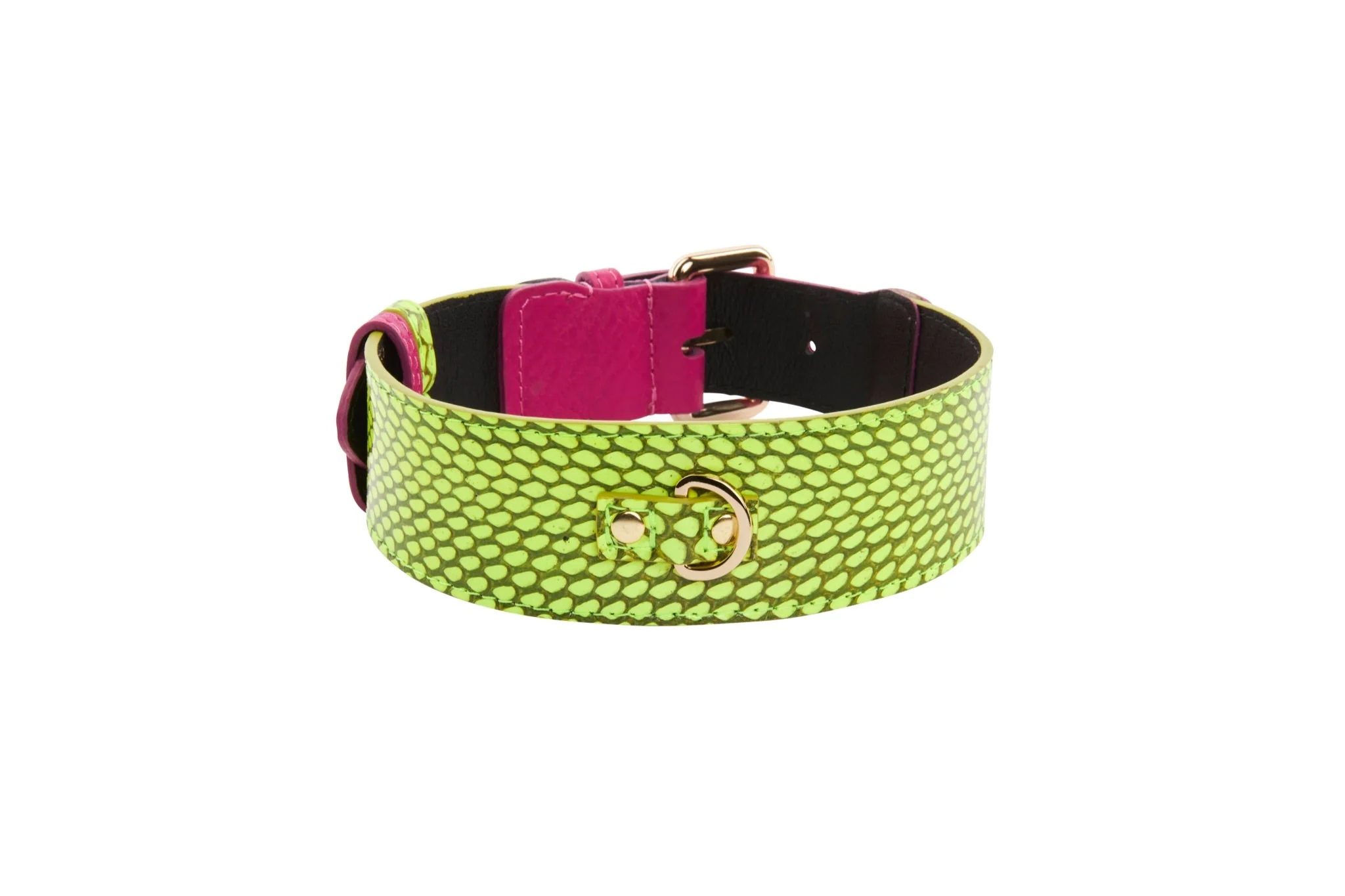 Neon Green Snake With Fuchsia Pink Italian Leather With Gold Classic Hardware - Image 3