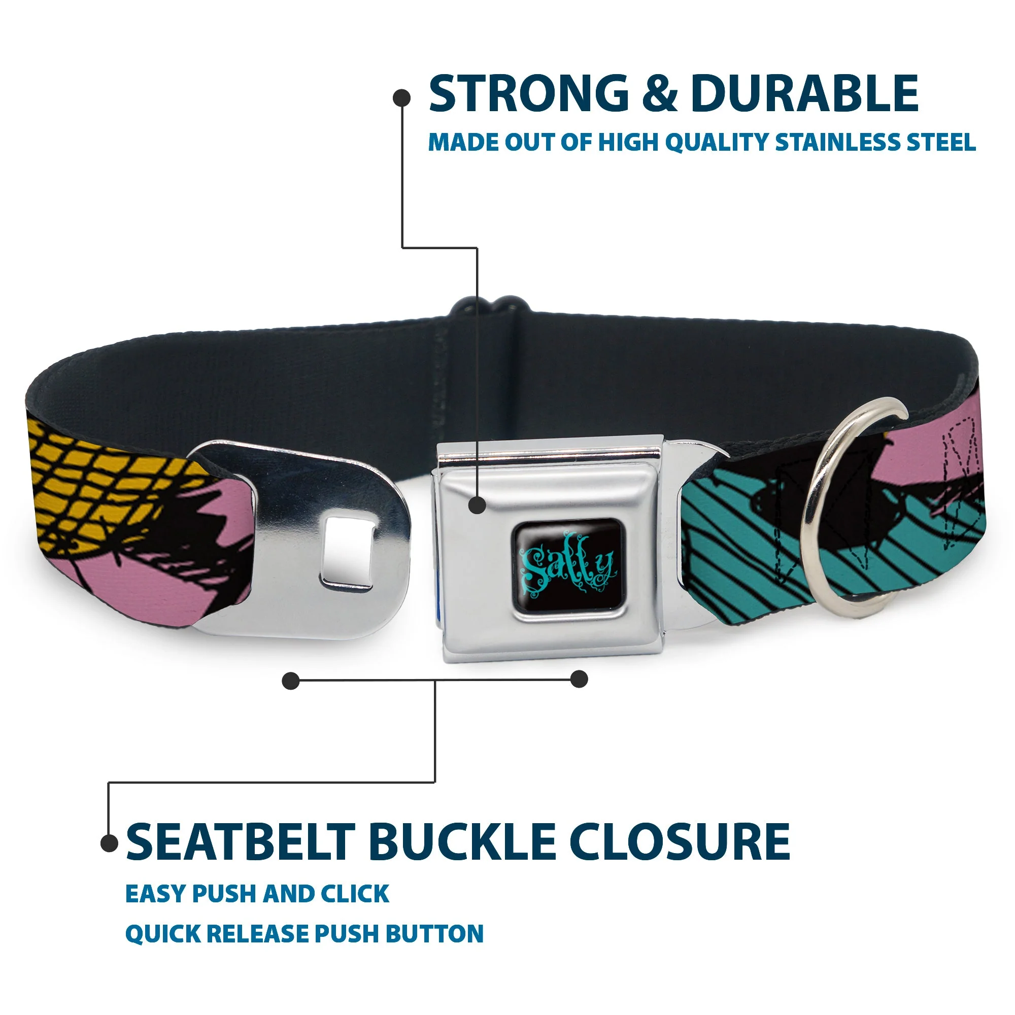 Nightmare Before Christmas SALLY Text Full Color Black/Teal Seatbelt Buckle Collar - Nightmare Before Christmas Sally Dress Patchwork - Image 4