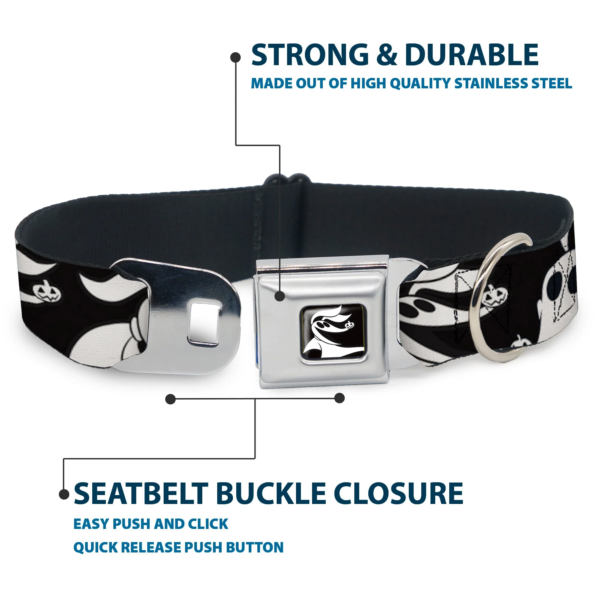 Nightmare Before Christmas Zero Smiling Full Color Black/White Seatbelt Buckle Collar - Nightmare Before Christmas Zero Expressions Black/White - Image 4