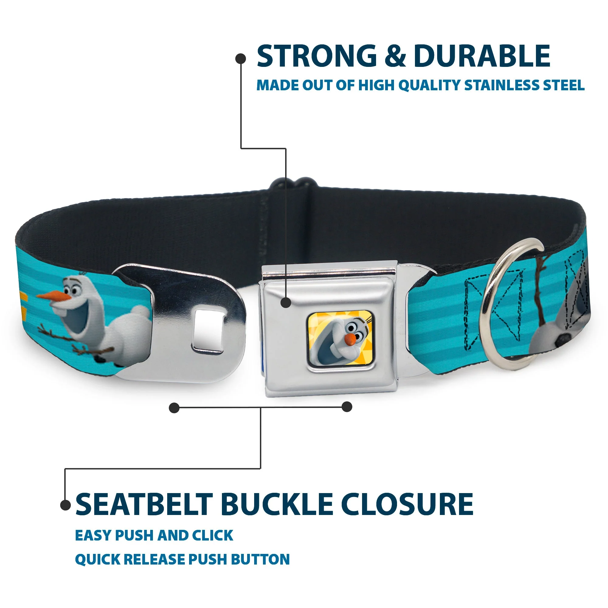 Olaf Face Frozen Sun Full Color Seatbelt Buckle Collar - Olaf Pose I LOVE WARM HUGS Stripe Blues - Image 4