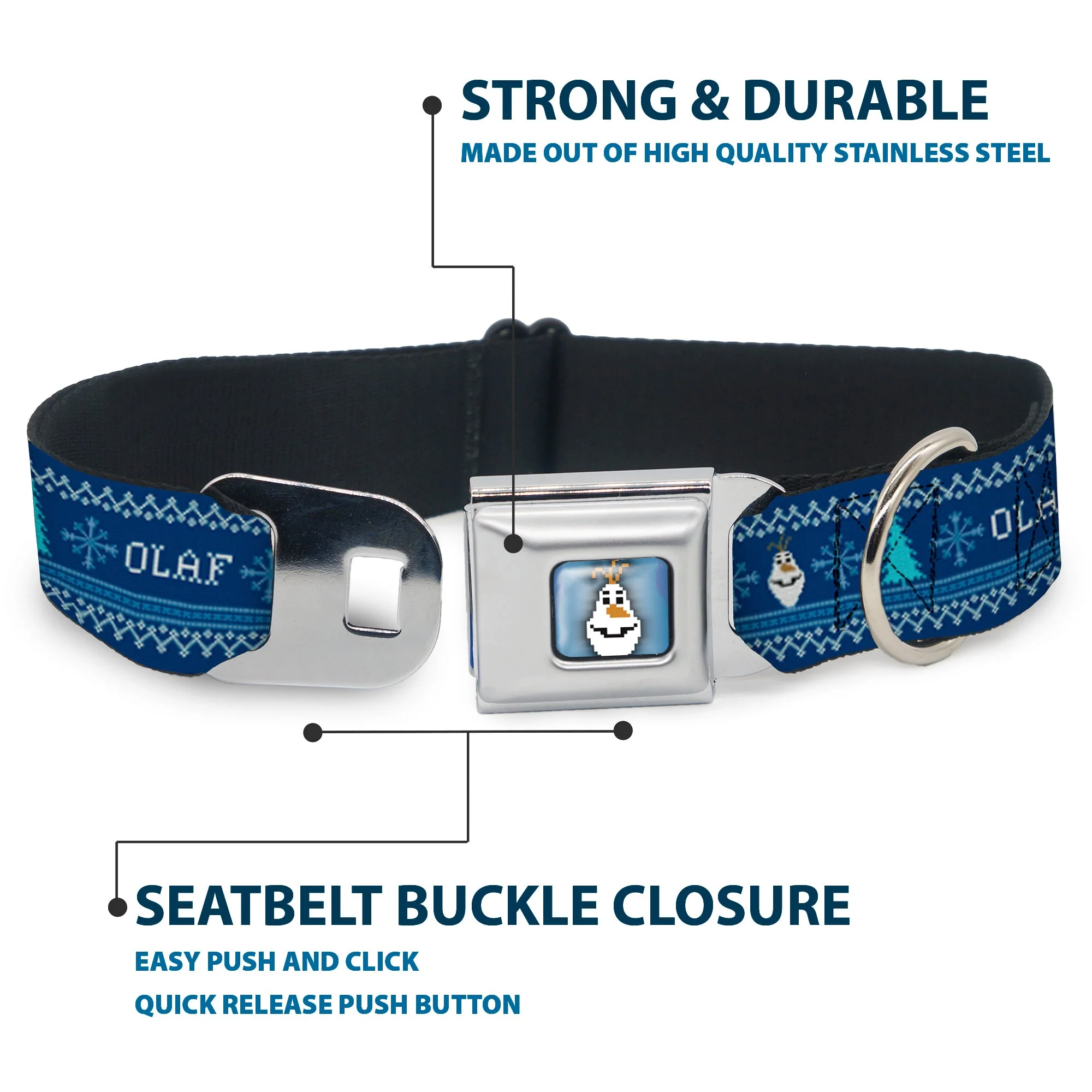Olaf Face Snowflakes Stitch Full Color Blues White Seatbelt Buckle Collar - Olaf/Snowflakes Stitch Blues/White - Image 4