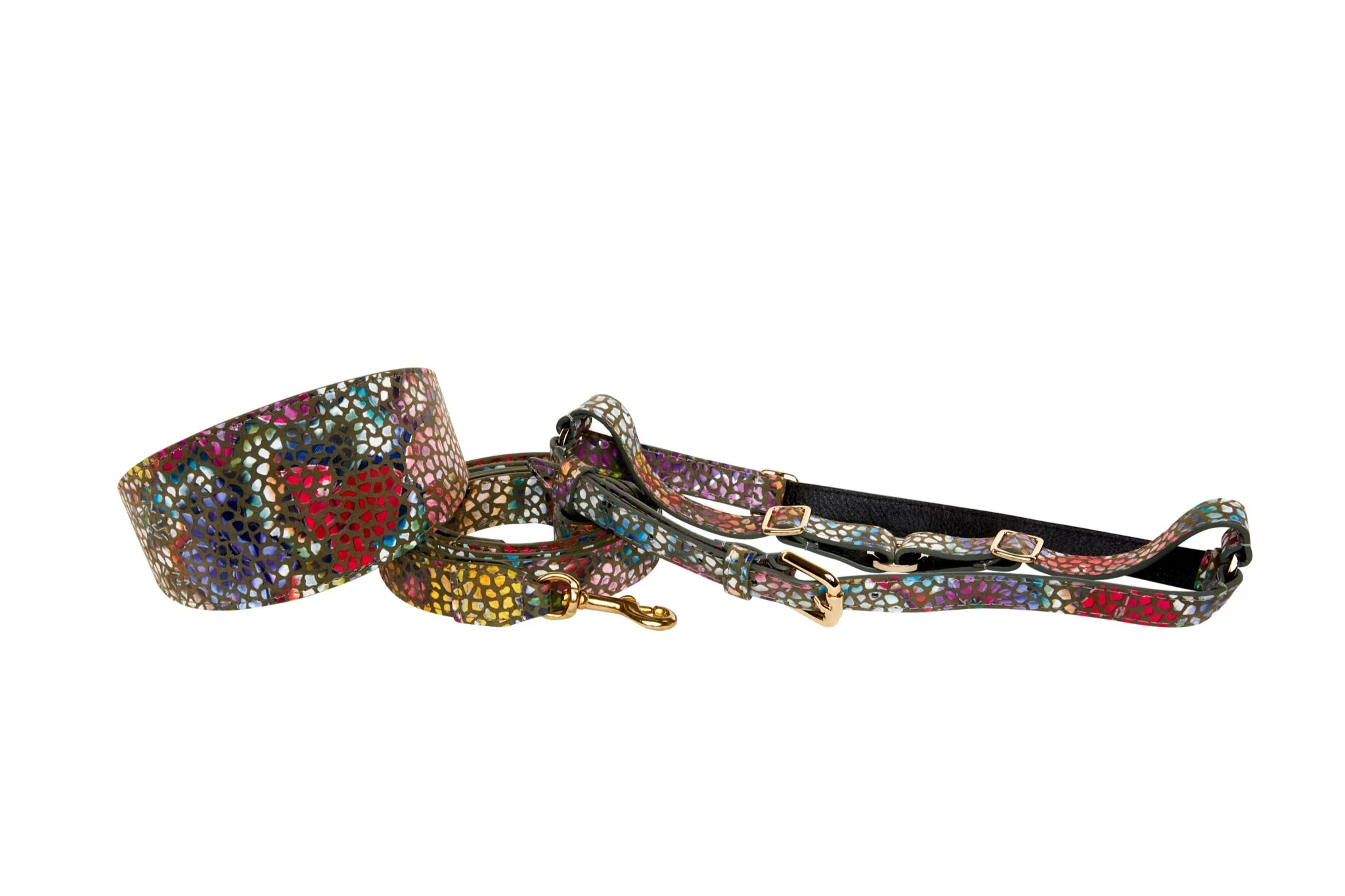Olive Floral Mosaic Italian Leather 3” Wide Style Collar, Leash & Harness Set