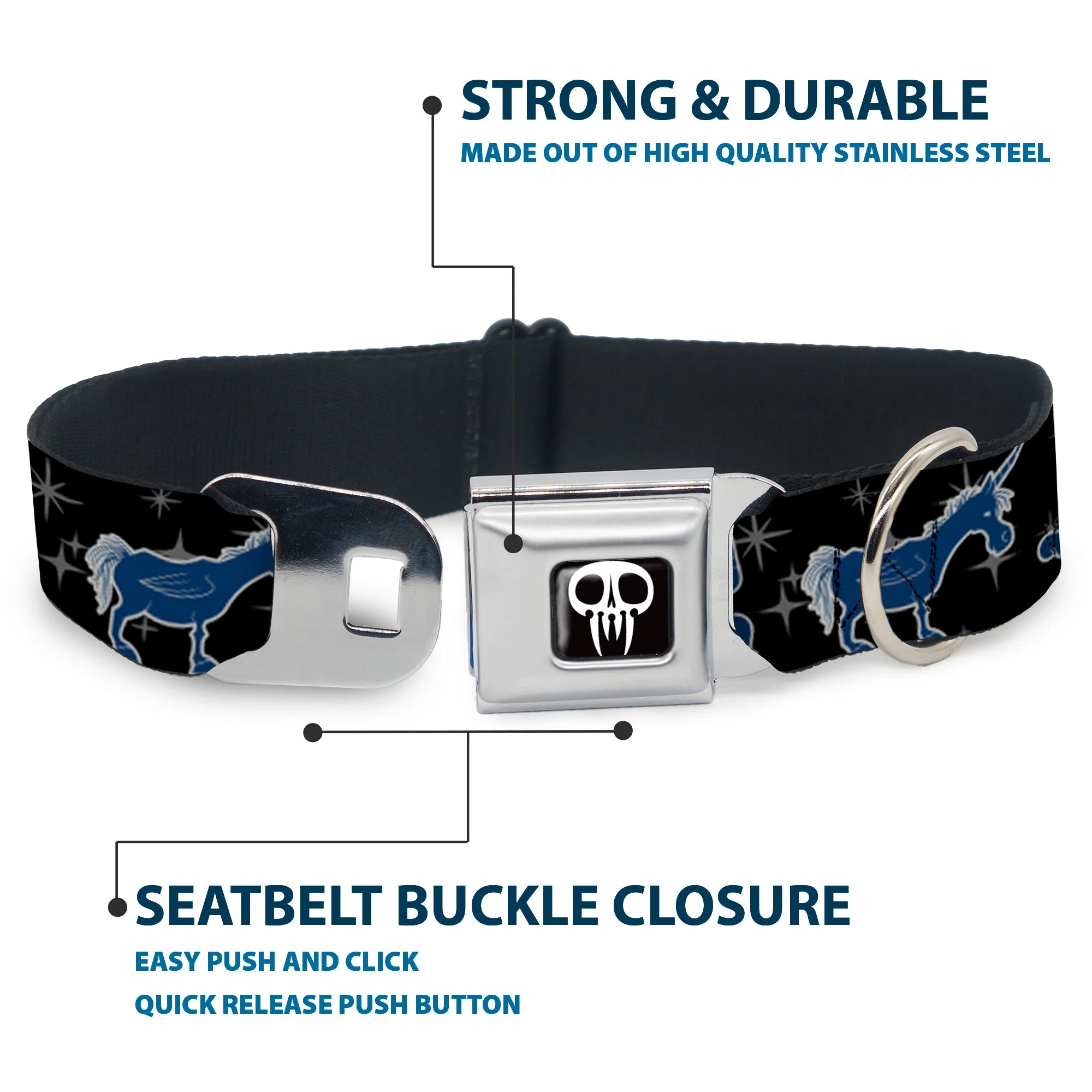 Onward Skull Icon Full Color Black/White Seatbelt Buckle Collar - Onward Barley/Unicorn/Guinevere Icons/Stars Black/Gray/Blues - Image 4