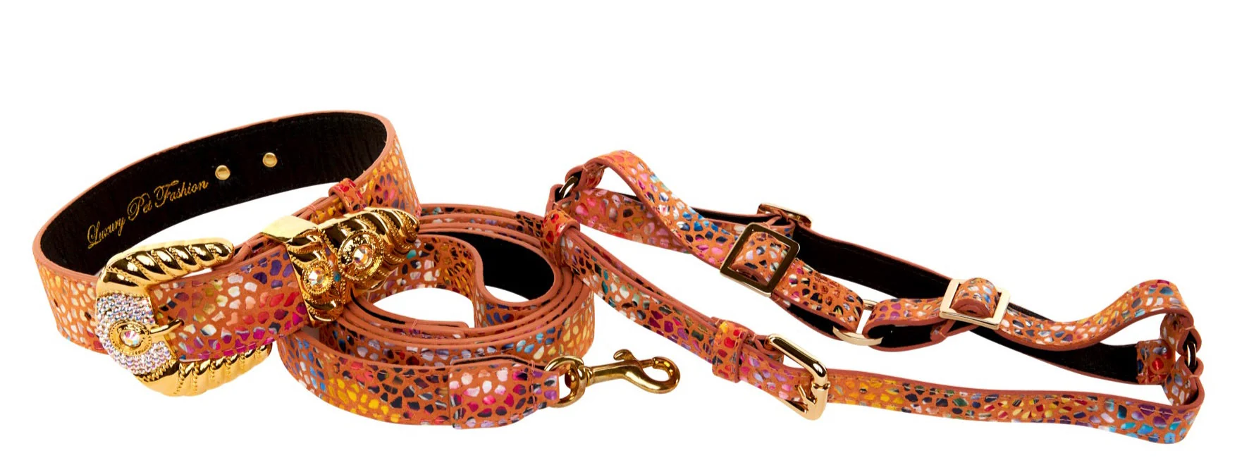 Orange Floral Mosaic Italian Leather/Ornate Swarovski Crystal Hardware Collar, Leash, Harness Set - Image 3