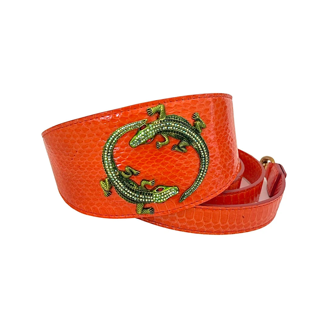 Orange Snake 3” Wide Style Collar & Leash Set With Green Rhinestone Alligators! - Image 2