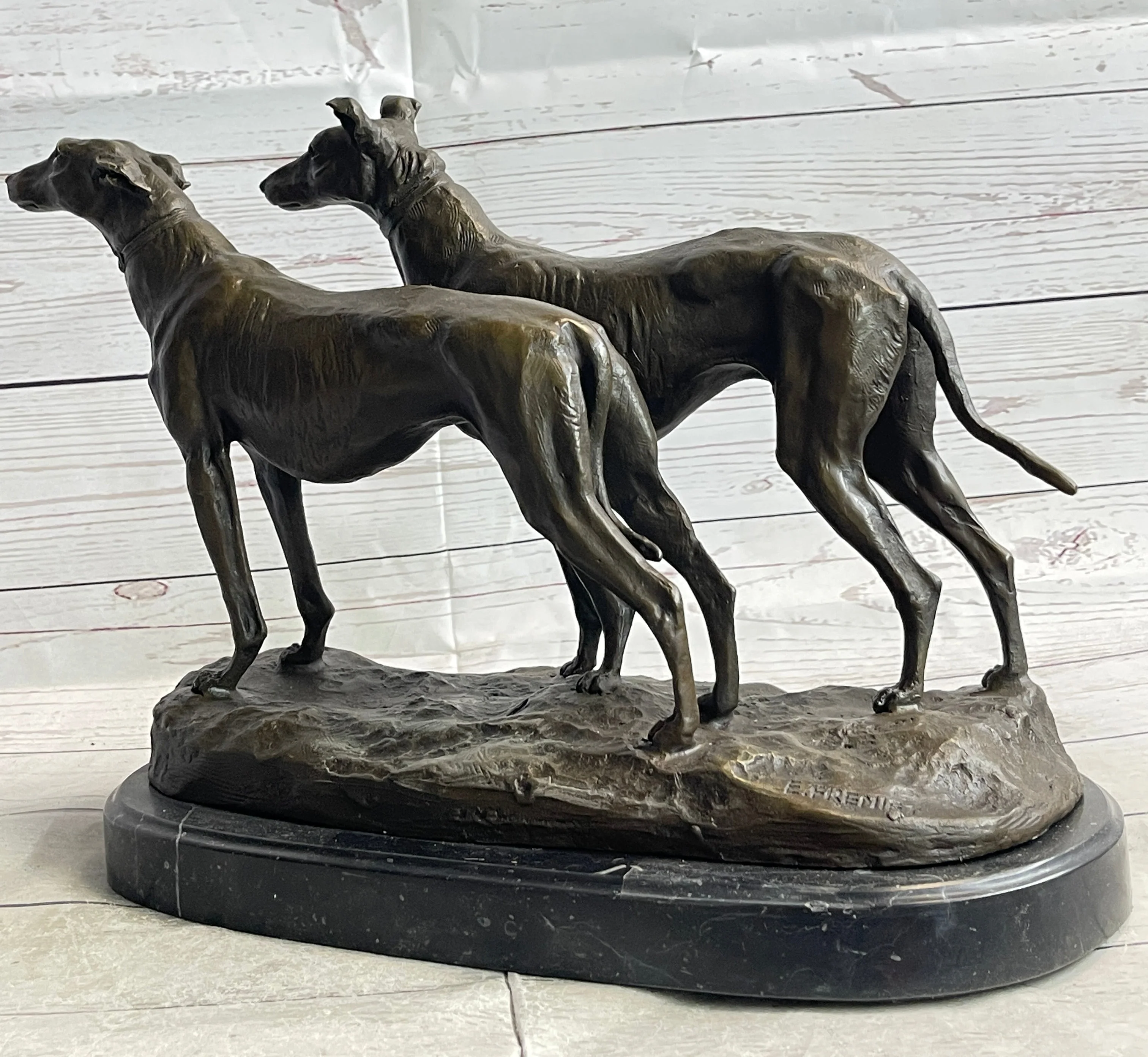 Pair of Greyhounds - Two Slender Racing Dogs Handmade Bronze Sculpture by Fremiet - Image 6