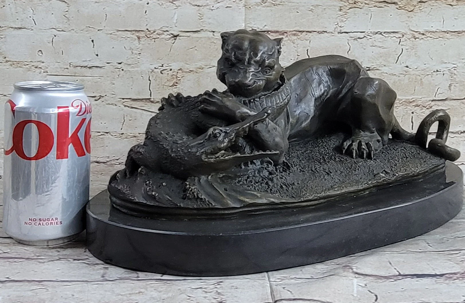 Panther Puma Mountain Lion vs. Alligator Cayman Crocodile Bronze Sculpture Statue - Image 2