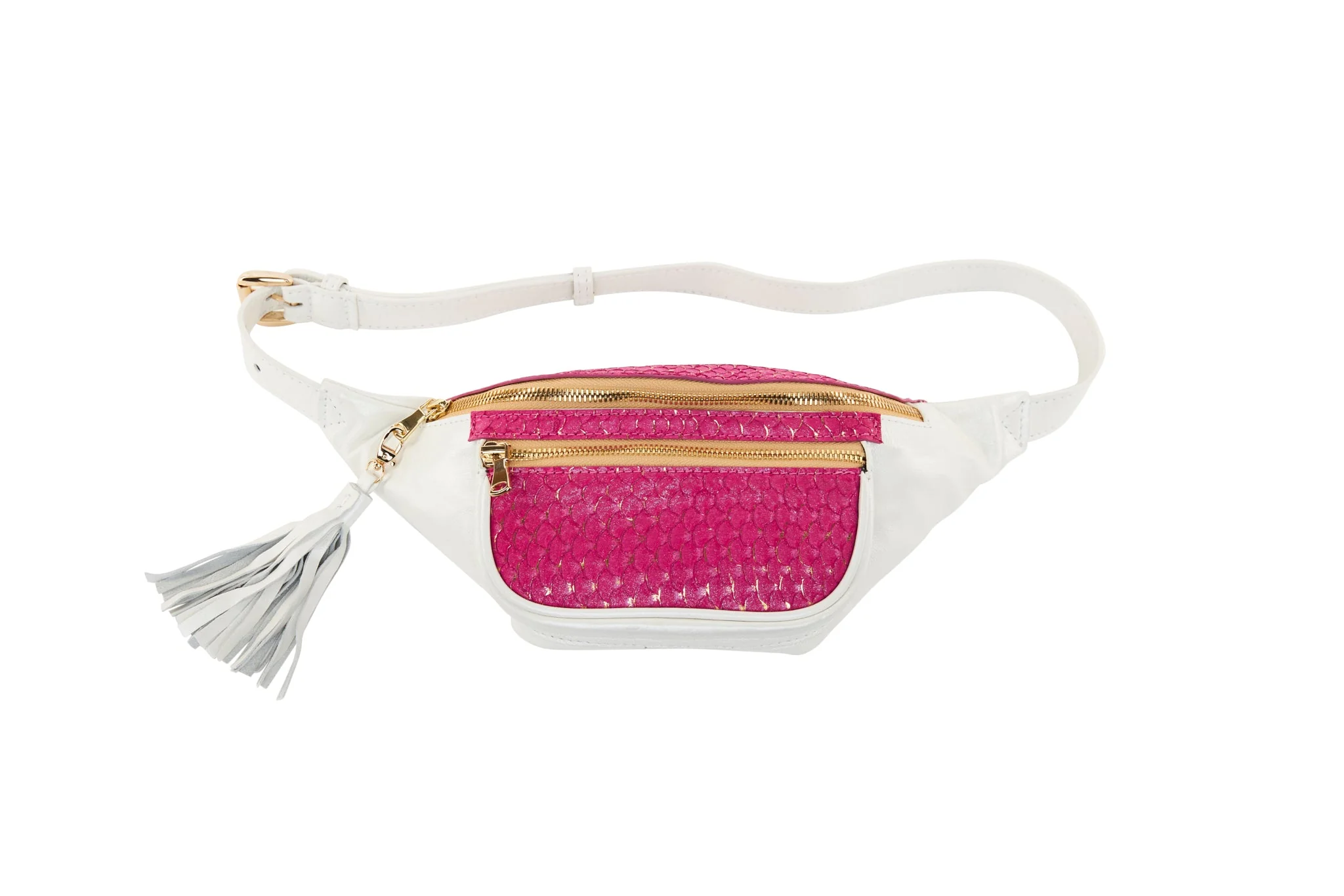 Pearl White Italian Leather/Fuchsia Pink Tilapia Fanny Pack - Image 2