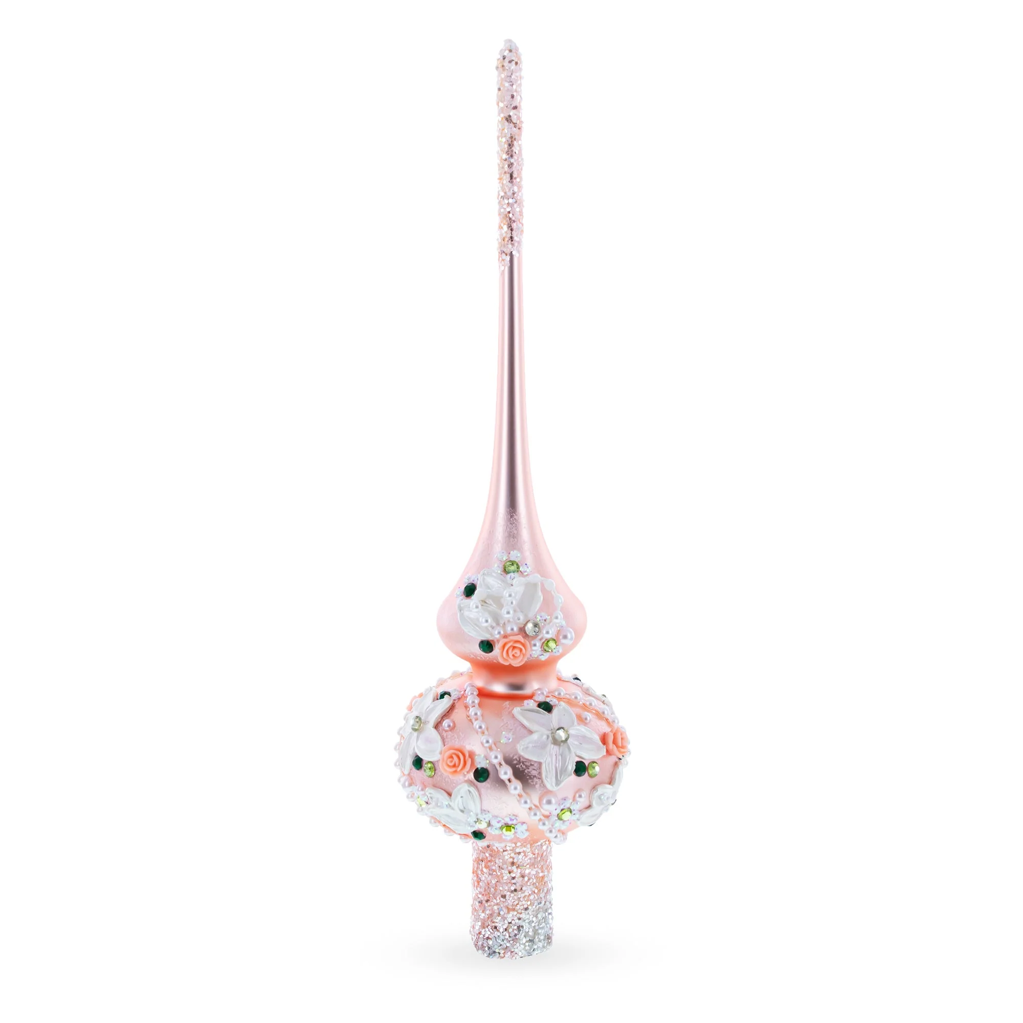 Pink Flowers on Metallic Rose Pink Glass Christmas Tree Topper 11 Inches