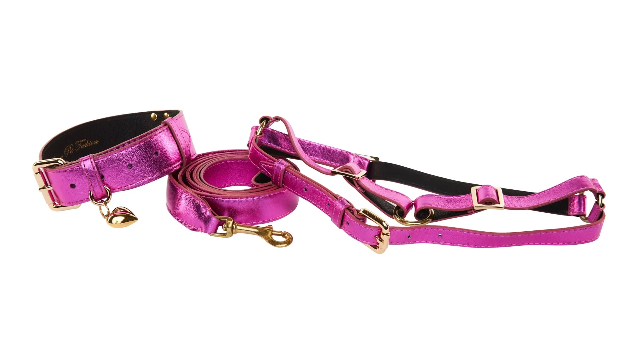 Pink Foil Italian Leather Reversible Heart Locket/Classic Collar, Leash, Harness Set - Image 2