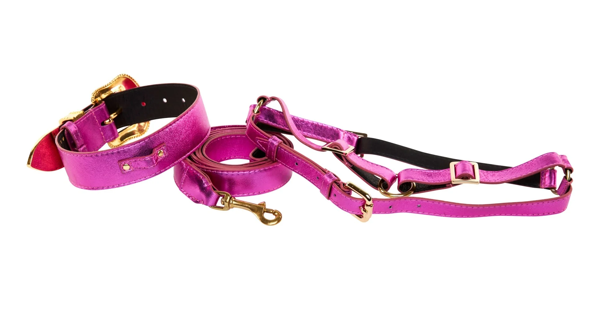 Pink Foil Italian Leather/Swarovski Crystal Collar, Leash, Harness Set - Image 3