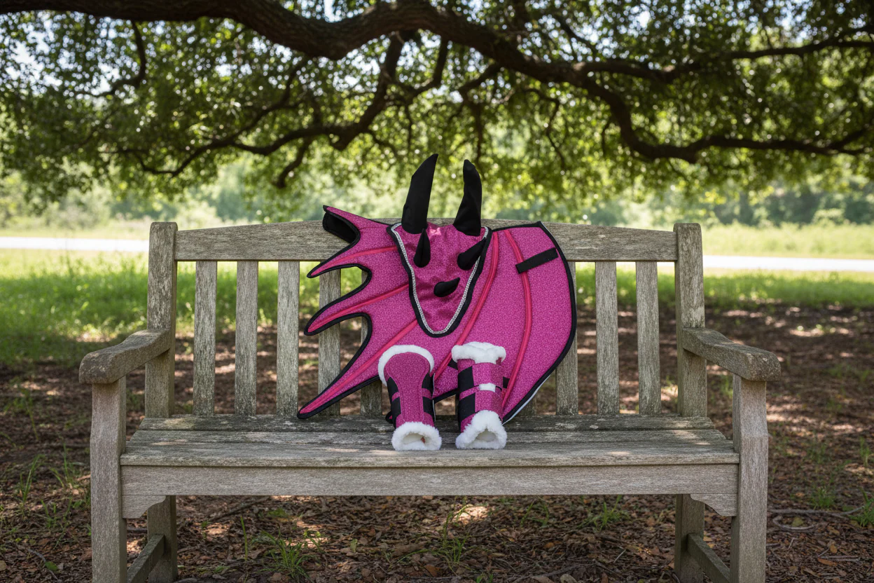 Pink Horse Dragon Saddle Pad, Ear Bonnet & Horse Boot Set - Image 4