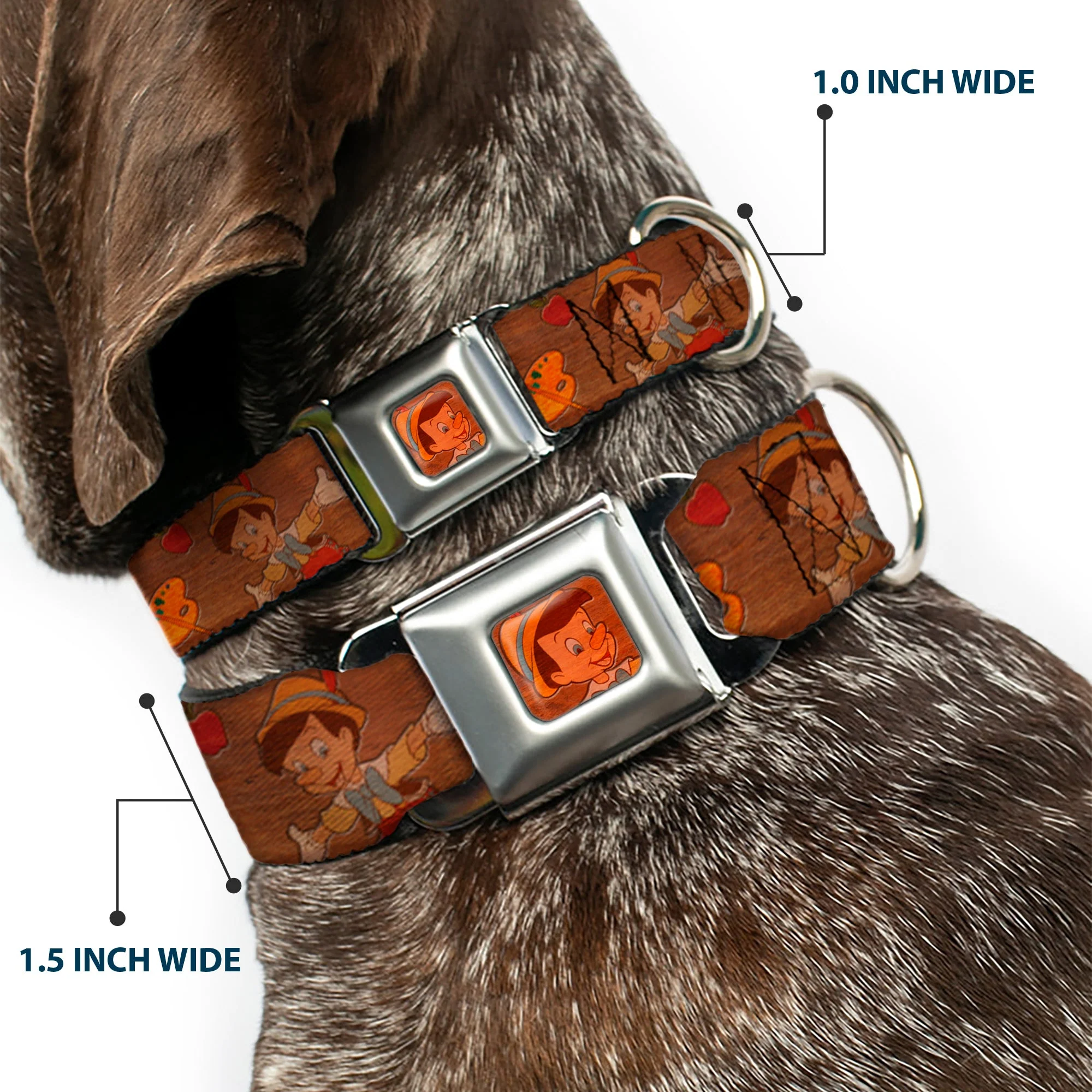 Pinocchio CLOSE-UP Full Color Wood Grain Seatbelt Buckle Collar - Pinocchio Poses Black/White/Multi Color - Image 2