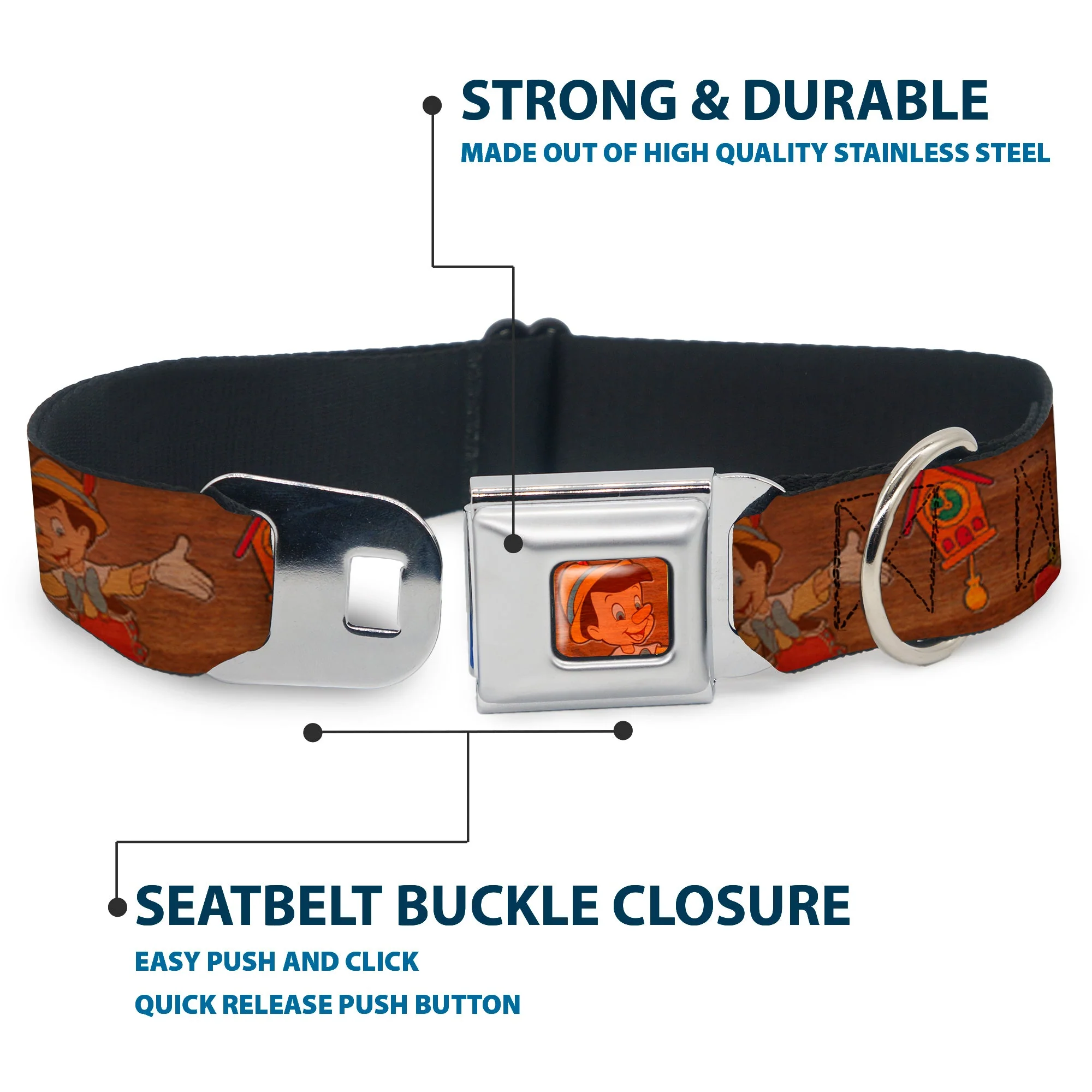 Pinocchio CLOSE-UP Full Color Wood Grain Seatbelt Buckle Collar - Pinocchio Poses Black/White/Multi Color - Image 4