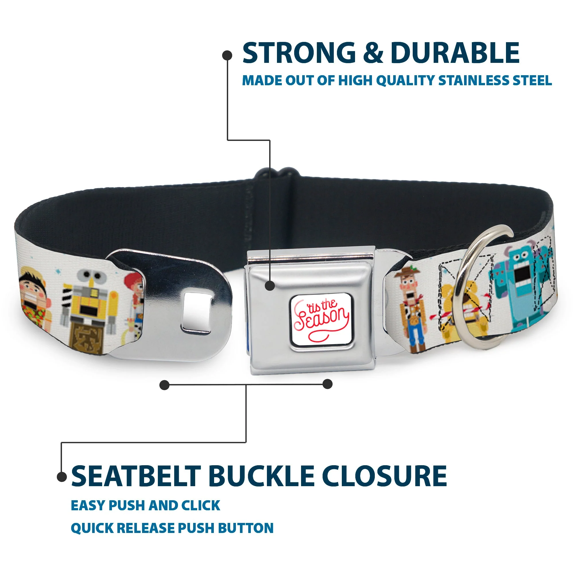 Pixar TIS THE SEASON Script Full Color White/Red Seatbelt Buckle Collar - Pixar Holiday Collection Nutcracker Characters Lineup/Stars White/Blues - Image 4