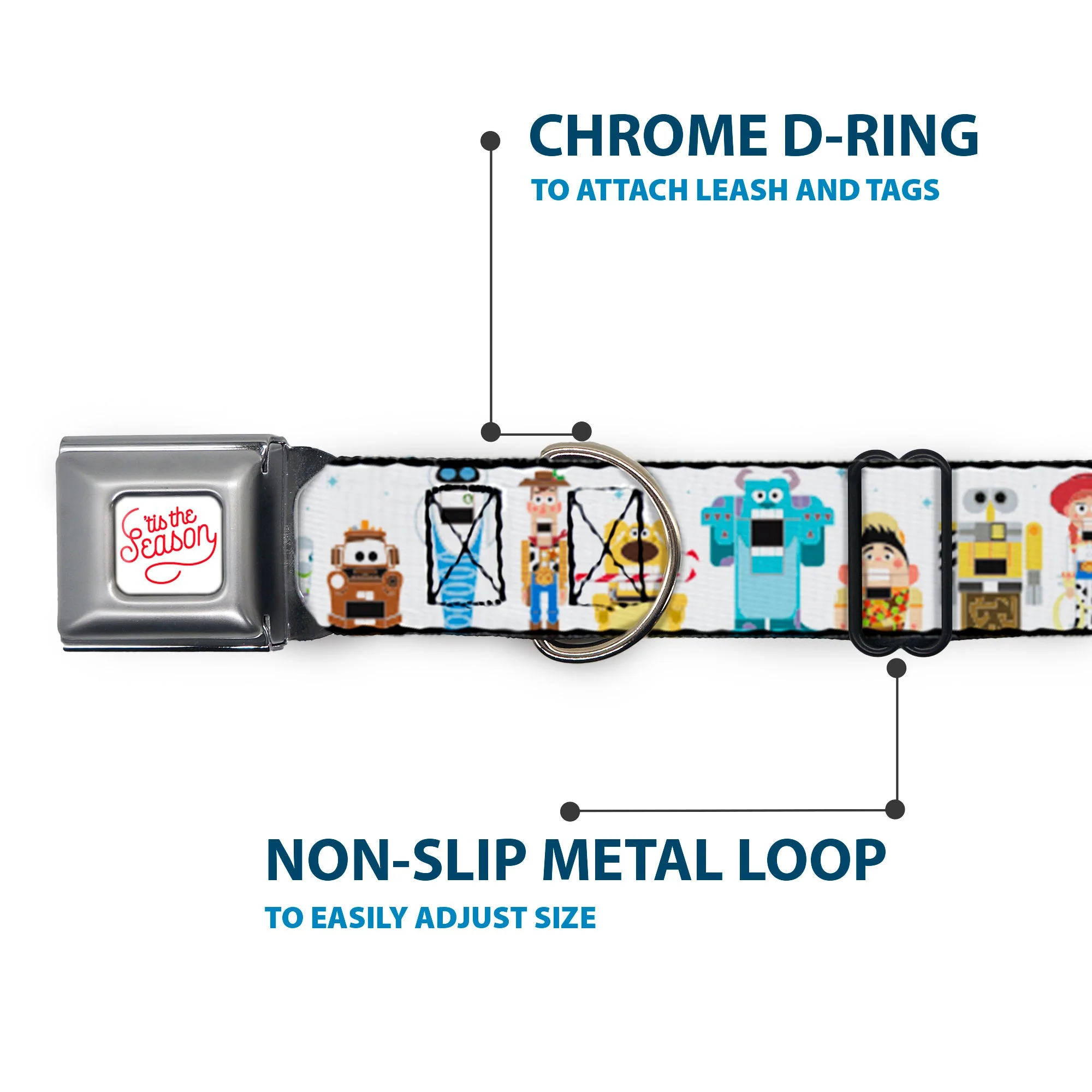 Pixar TIS THE SEASON Script Full Color White/Red Seatbelt Buckle Collar - Pixar Holiday Collection Nutcracker Characters Lineup/Stars White/Blues - Image 5