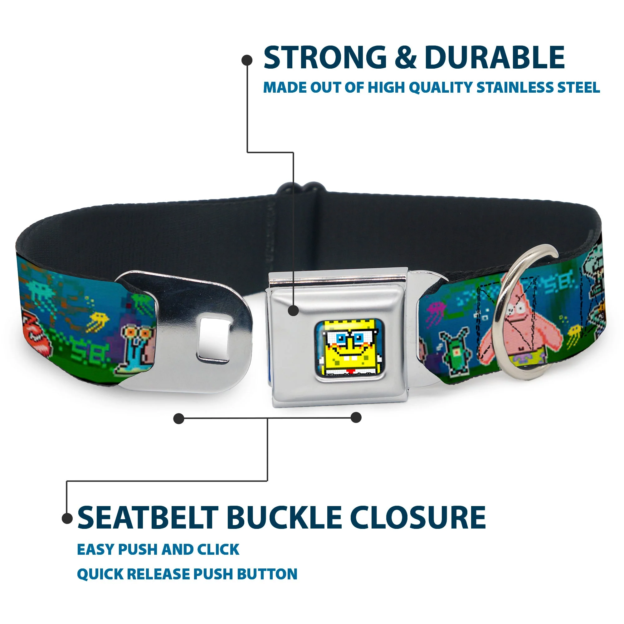 Pixelated SpongeBob Nerd Pose Full Color Blue Seatbelt Buckle Collar - SpongeBob & Friends 8-Bit Scene - Image 4