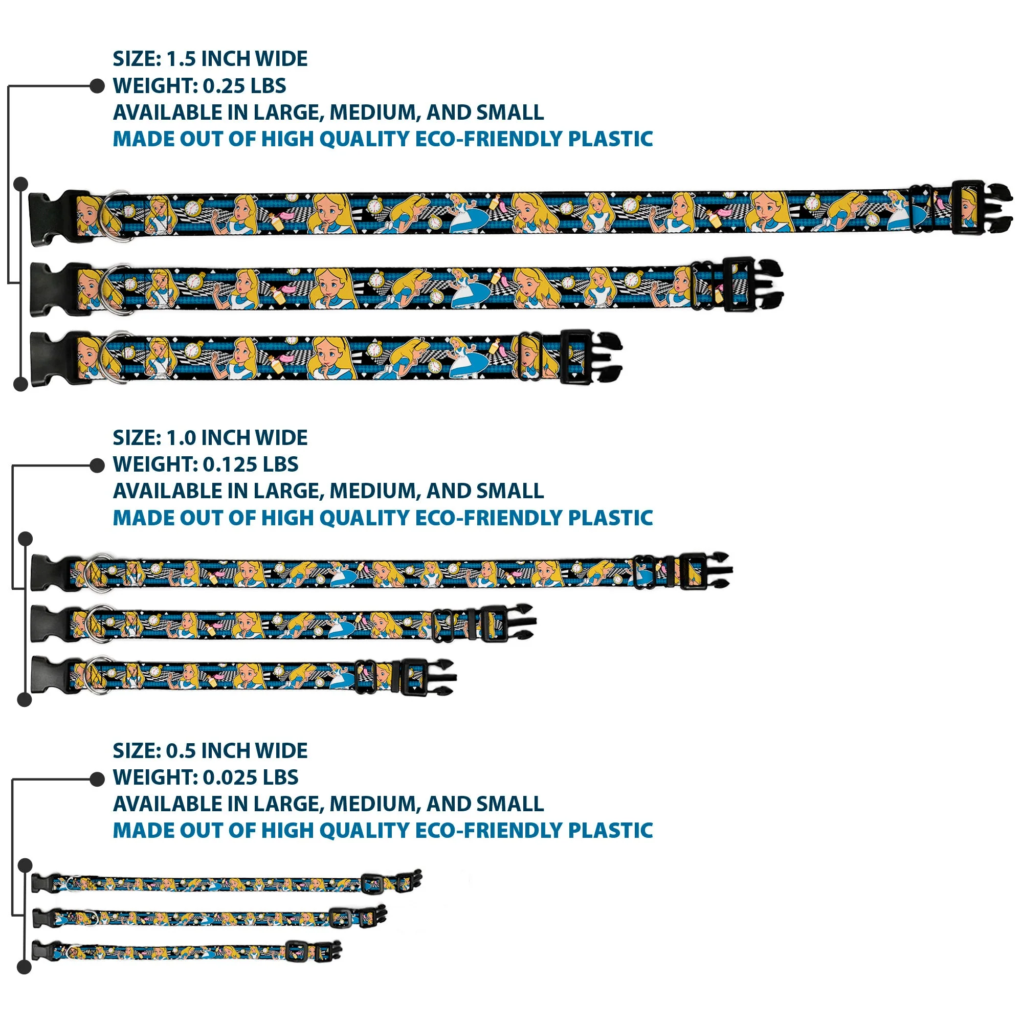 Plastic Clip Collar - Alice in Wonderland Poses/Clock/Bottle Diamond/Stripe Black/White/Blues - Image 3