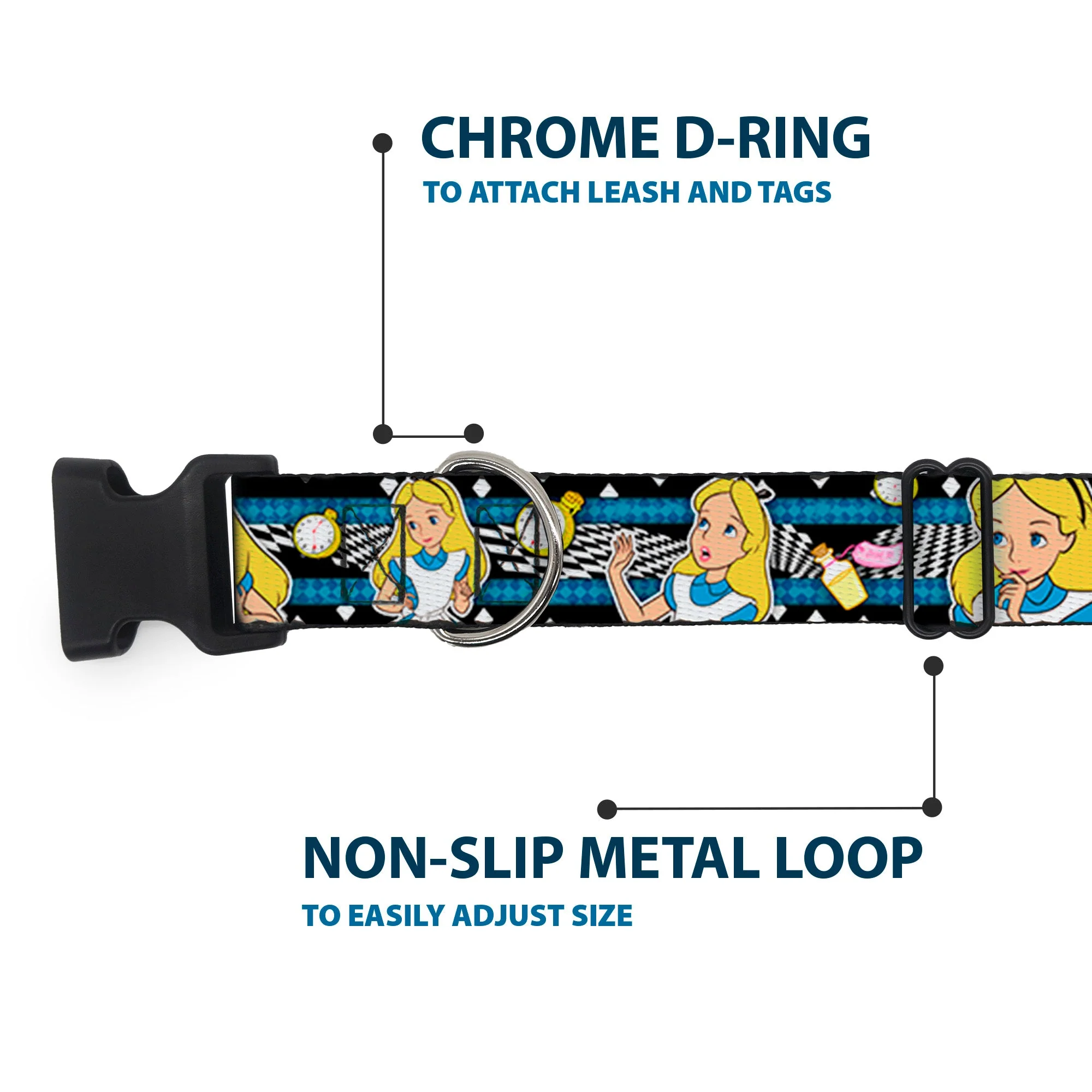Plastic Clip Collar - Alice in Wonderland Poses/Clock/Bottle Diamond/Stripe Black/White/Blues - Image 5